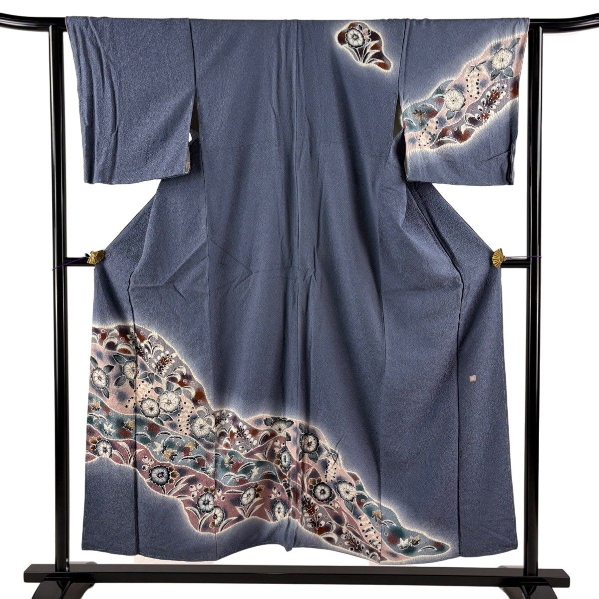 訪問着 身丈153cm 裄丈63cm S 袷 落款 辻が花柄 ぼかし 青灰色 正絹 秀品 【中古】
