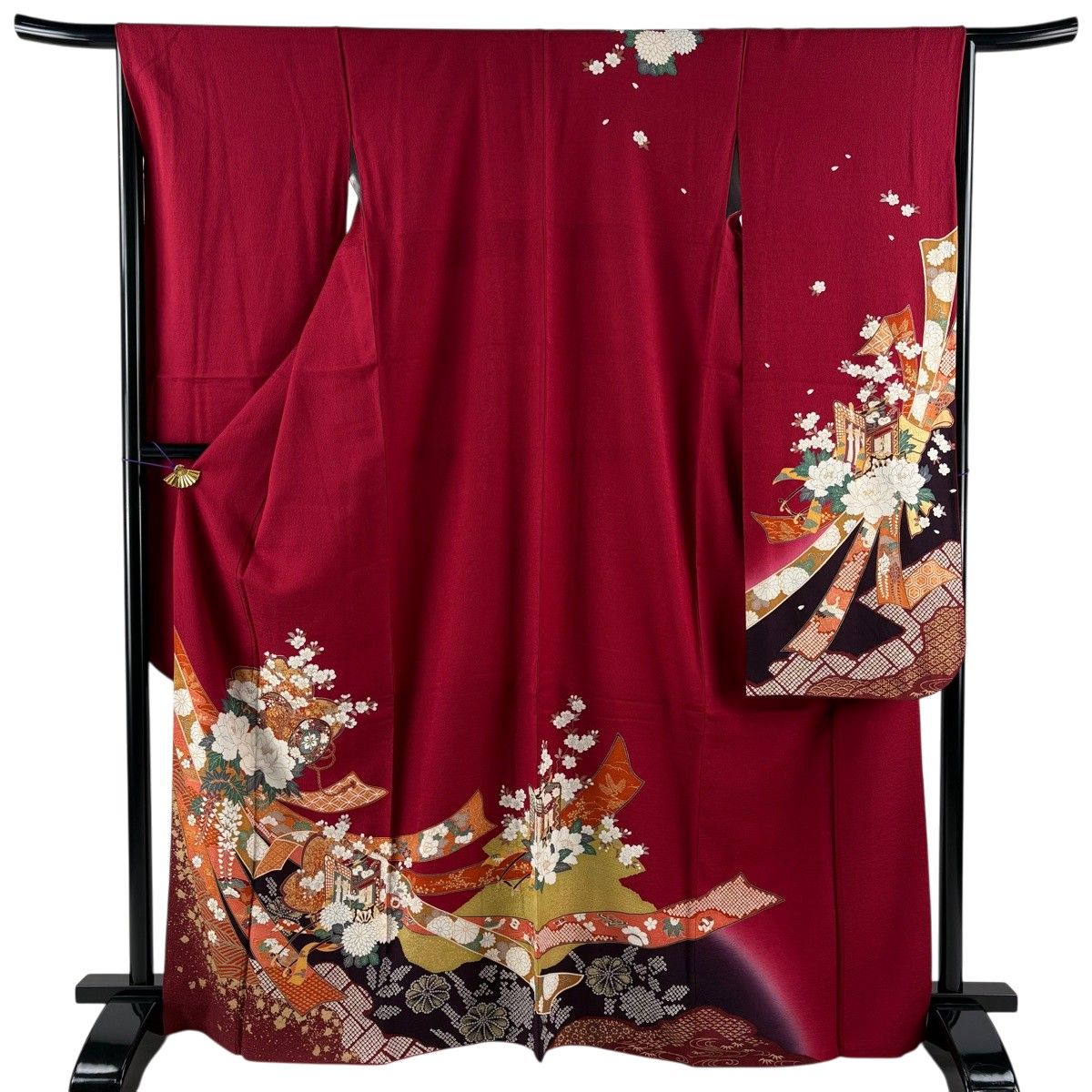 振袖 身丈167.5cm 裄丈66cm M 袷 鼓 熨斗 金彩 茜色 正絹 秀品 【中古