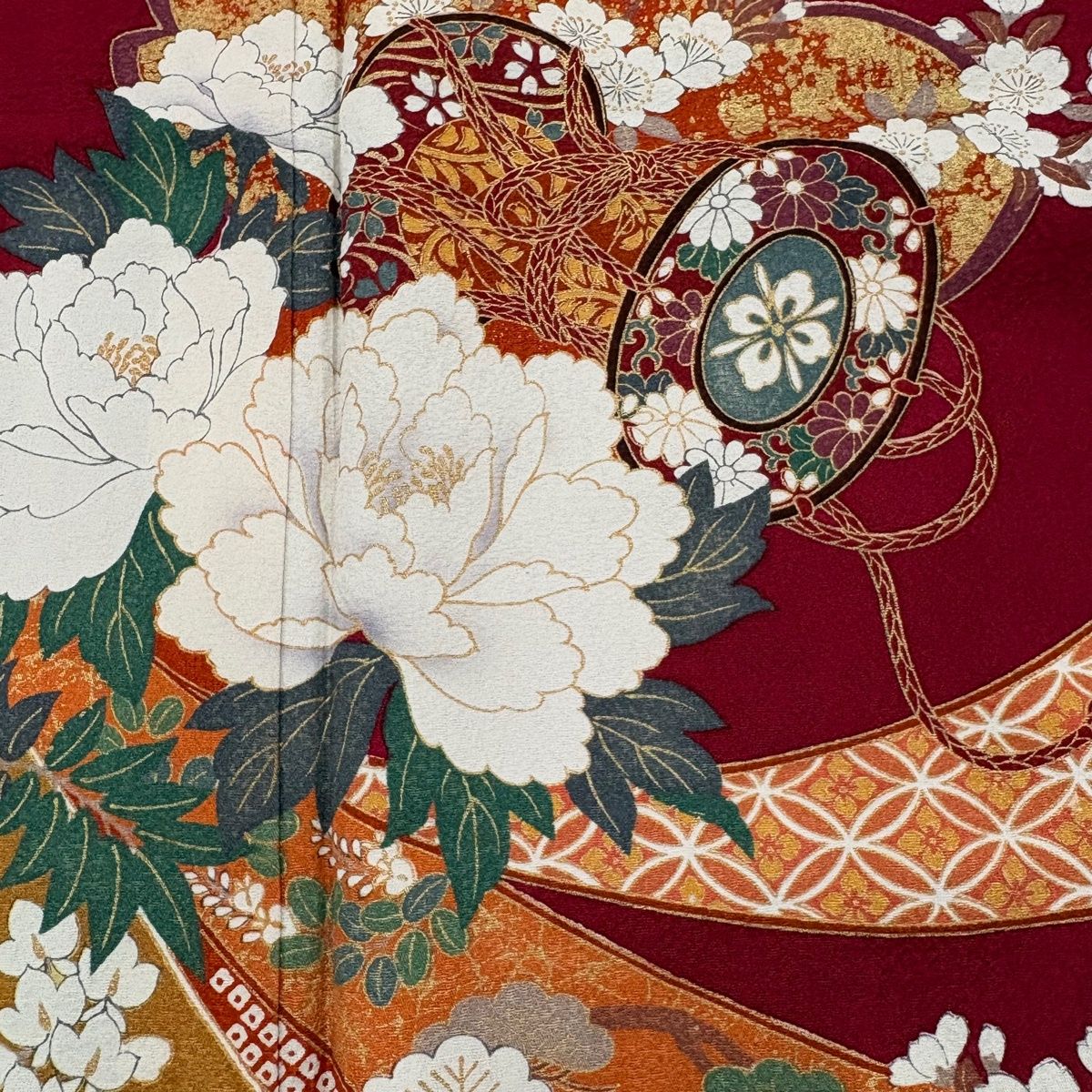 振袖 身丈167.5cm 裄丈66cm M 袷 鼓 熨斗 金彩 茜色 正絹 秀品 【中古