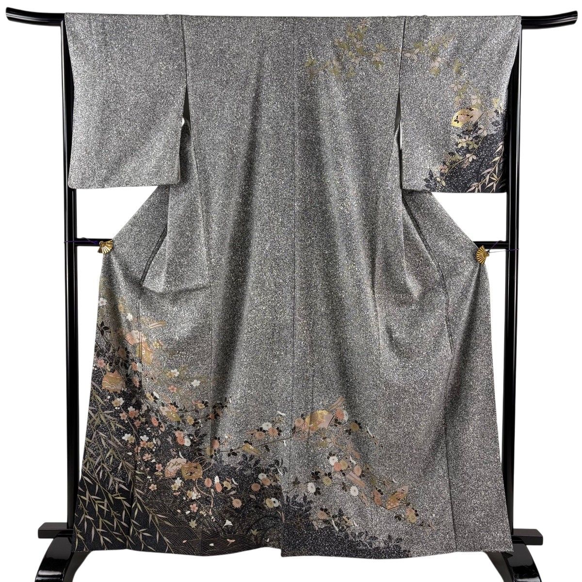 訪問着 身丈163cm 裄丈66.5cm M 袷 糸巻き 枝花 金彩 黒灰 正絹 秀品 【中古】