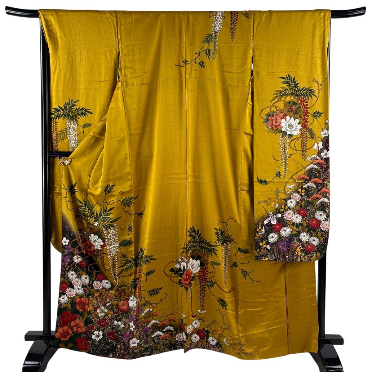 振袖 身丈165.5cm 裄丈68cm L 袷 鼓 藤 金彩 ぼかし からし色 正絹 秀品 【中古】