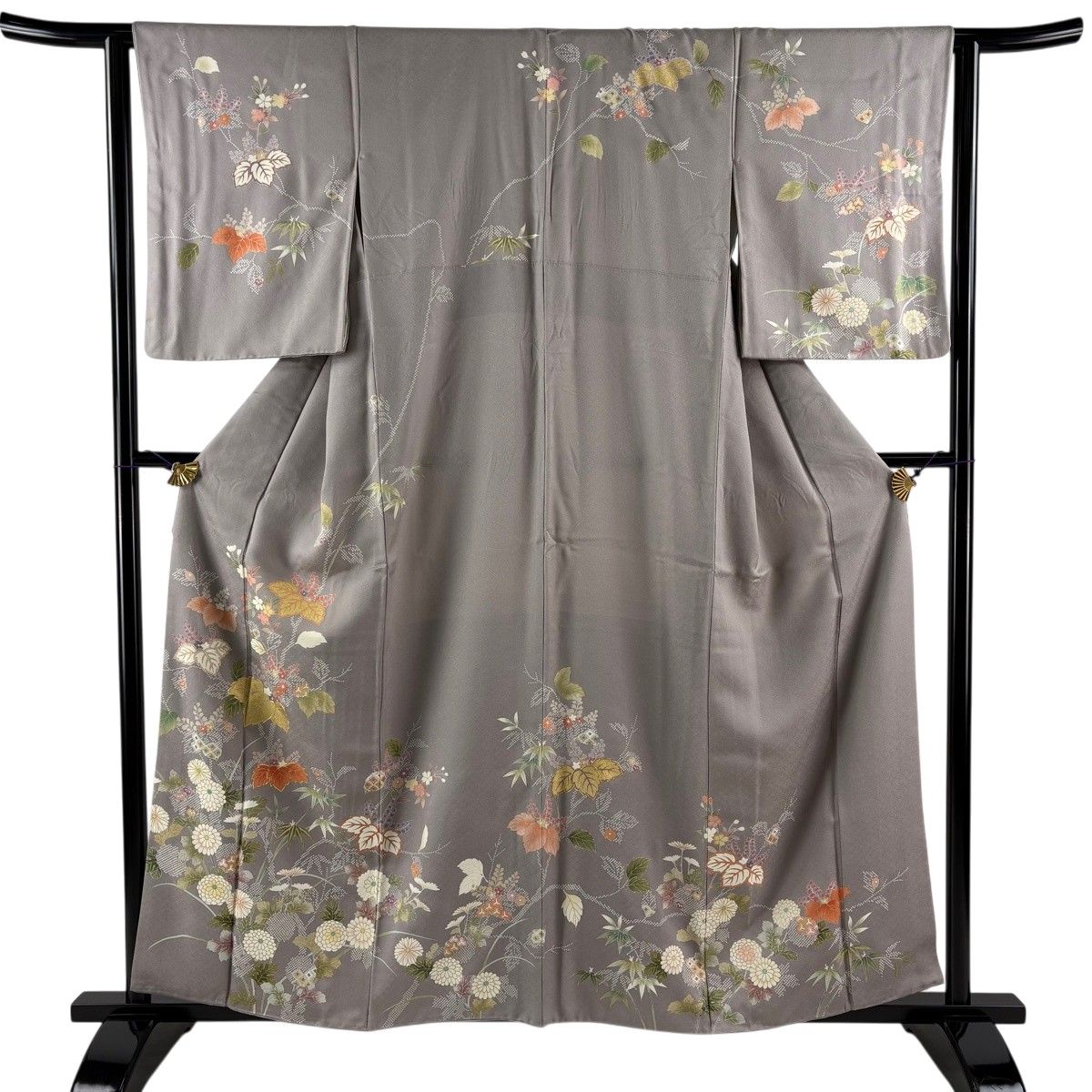 訪問着 身丈159cm 裄丈63.5cm S 袷 桐 菊 金糸 金彩 灰紫 正絹 秀品 【中古】