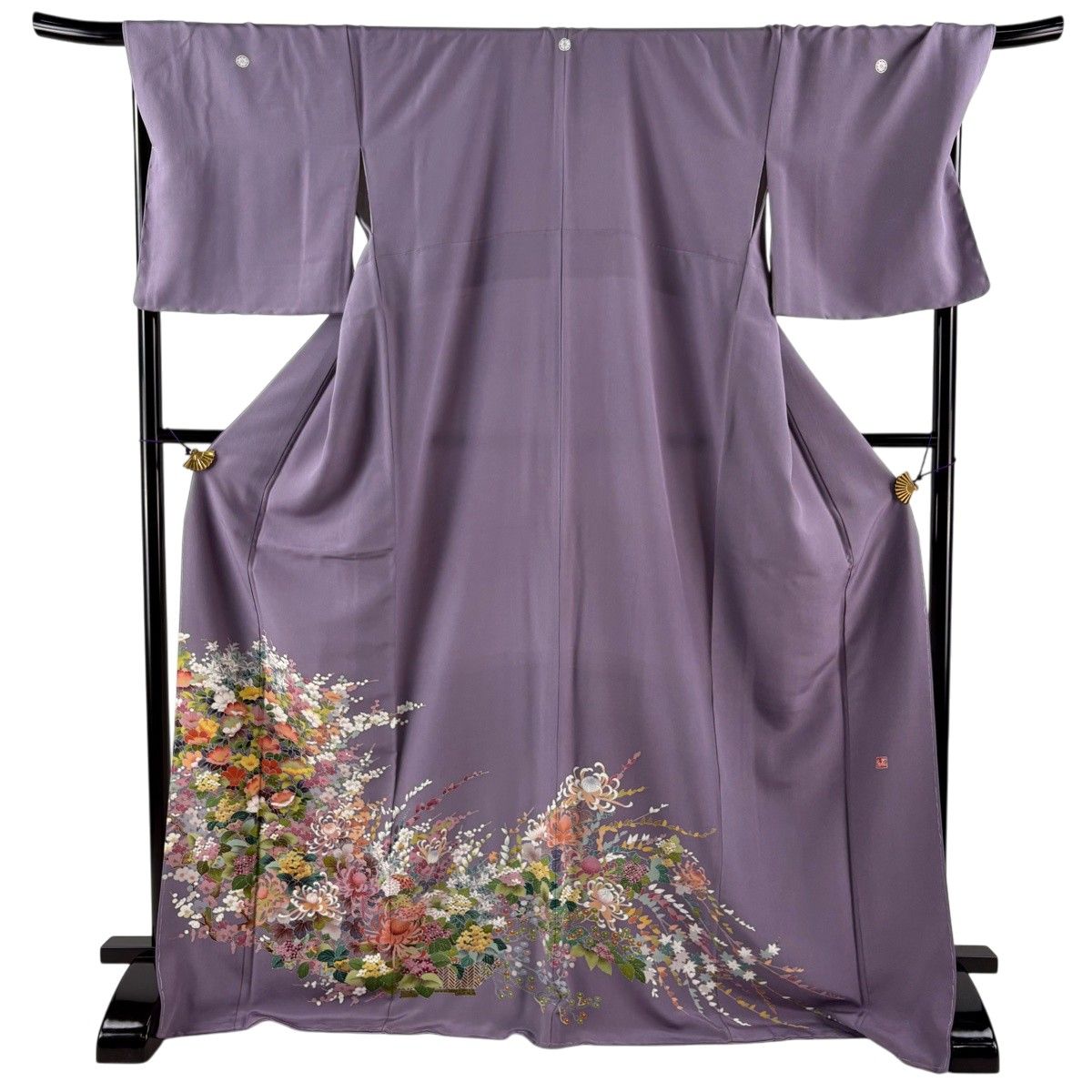 【美品】 色留袖 身丈173cm 裄丈72cm L 袷 落款 草花 菊 薄紫 正絹 秀品 三つ紋 【中古】