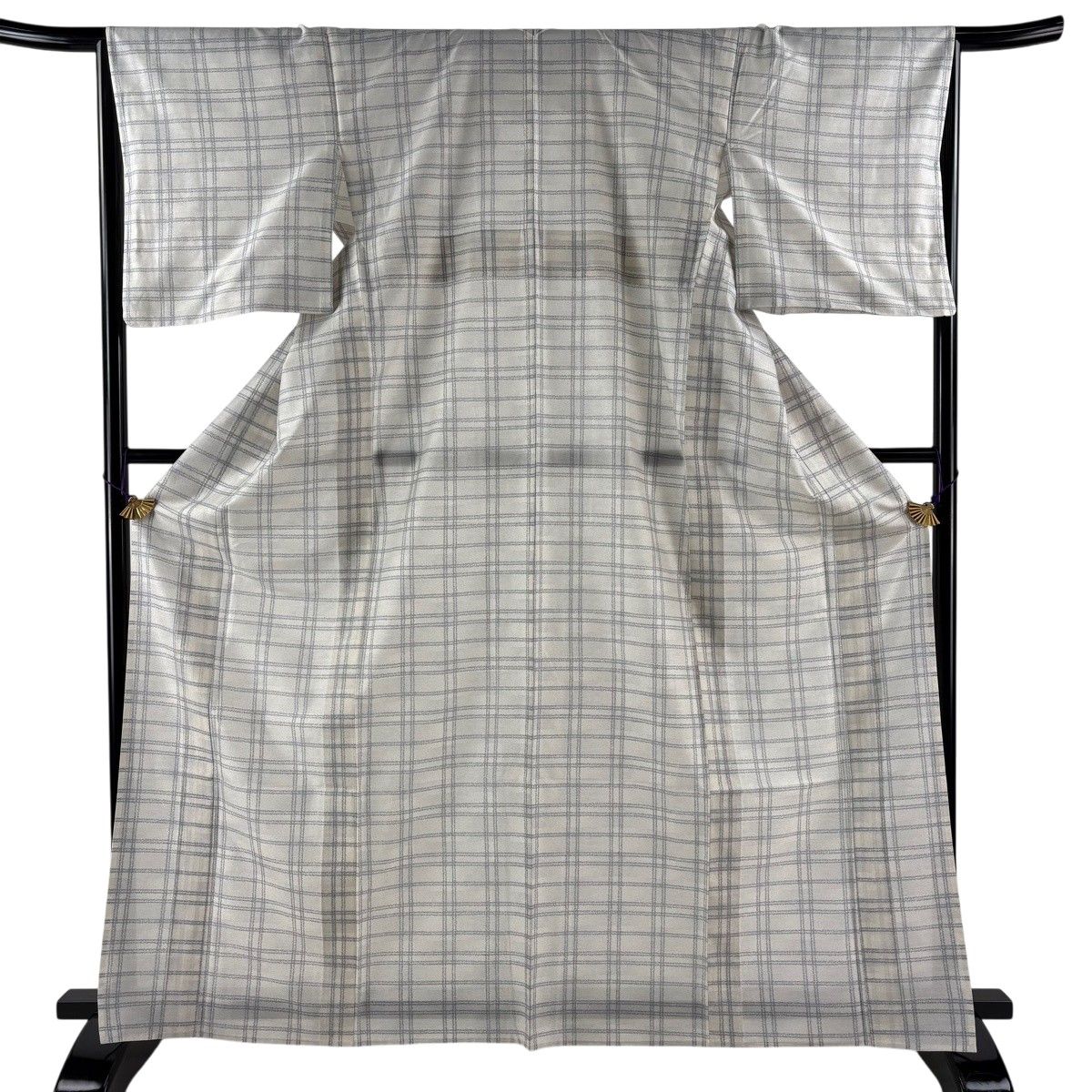 【美品】 紬 身丈165cm 裄丈66.5cm M 単衣 牛首紬 落款 証紙 格子 クリーム 正絹 逸品 【中古】