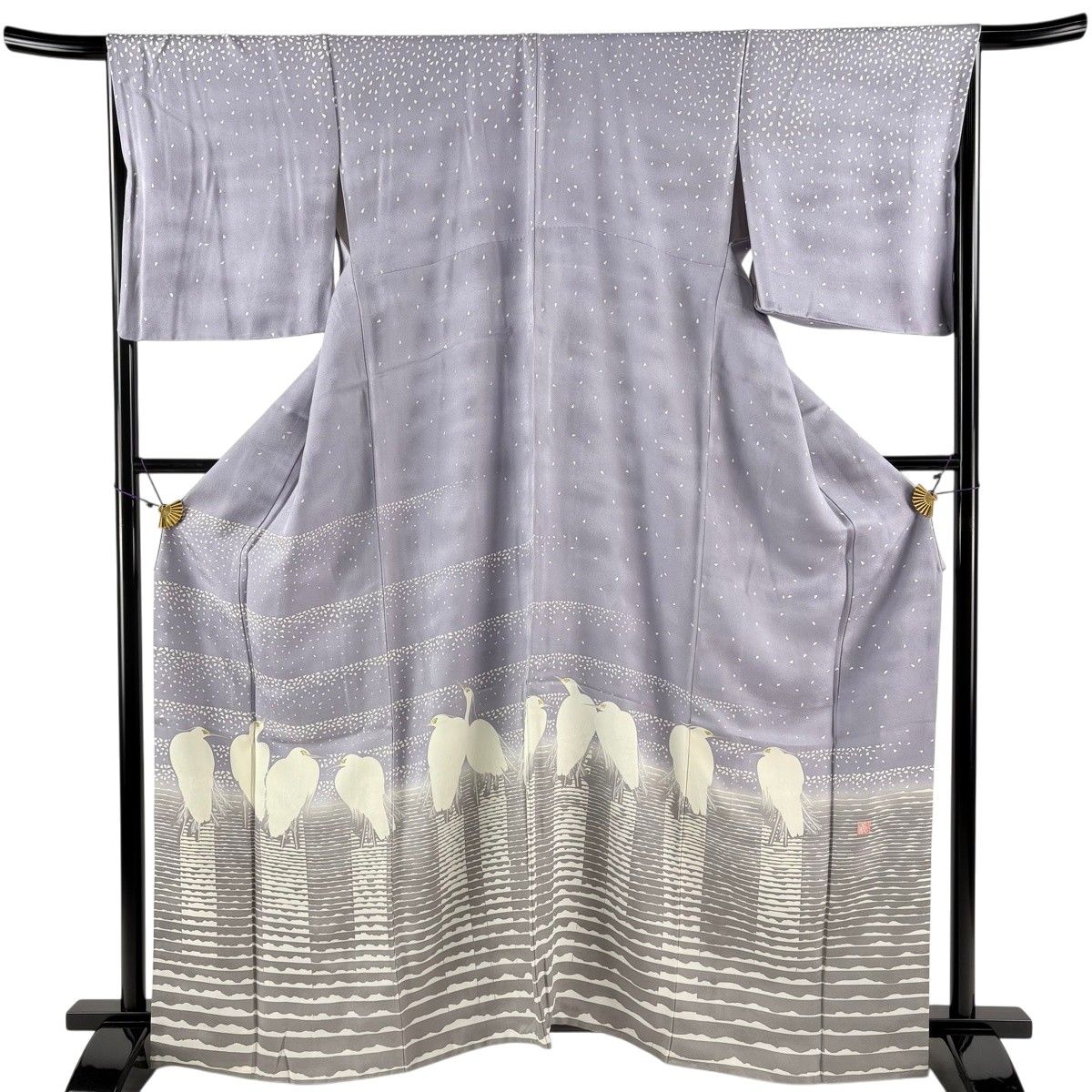 訪問着 身丈163cm 裄丈66cm M 袷 鷺 花弁 灰紫 正絹 逸品 【中古】