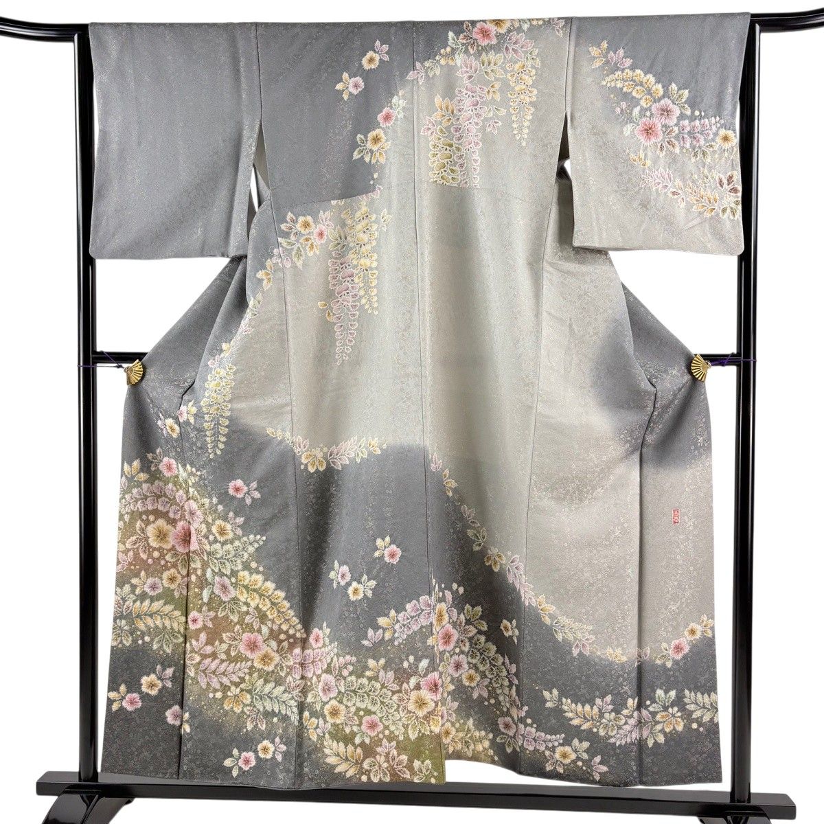訪問着 身丈154.5cm 裄丈65cm M 袷 徳永憲峯 ますいわ屋 落款 辻が花 銀通し 金彩 灰色 正絹 逸品 【中古】