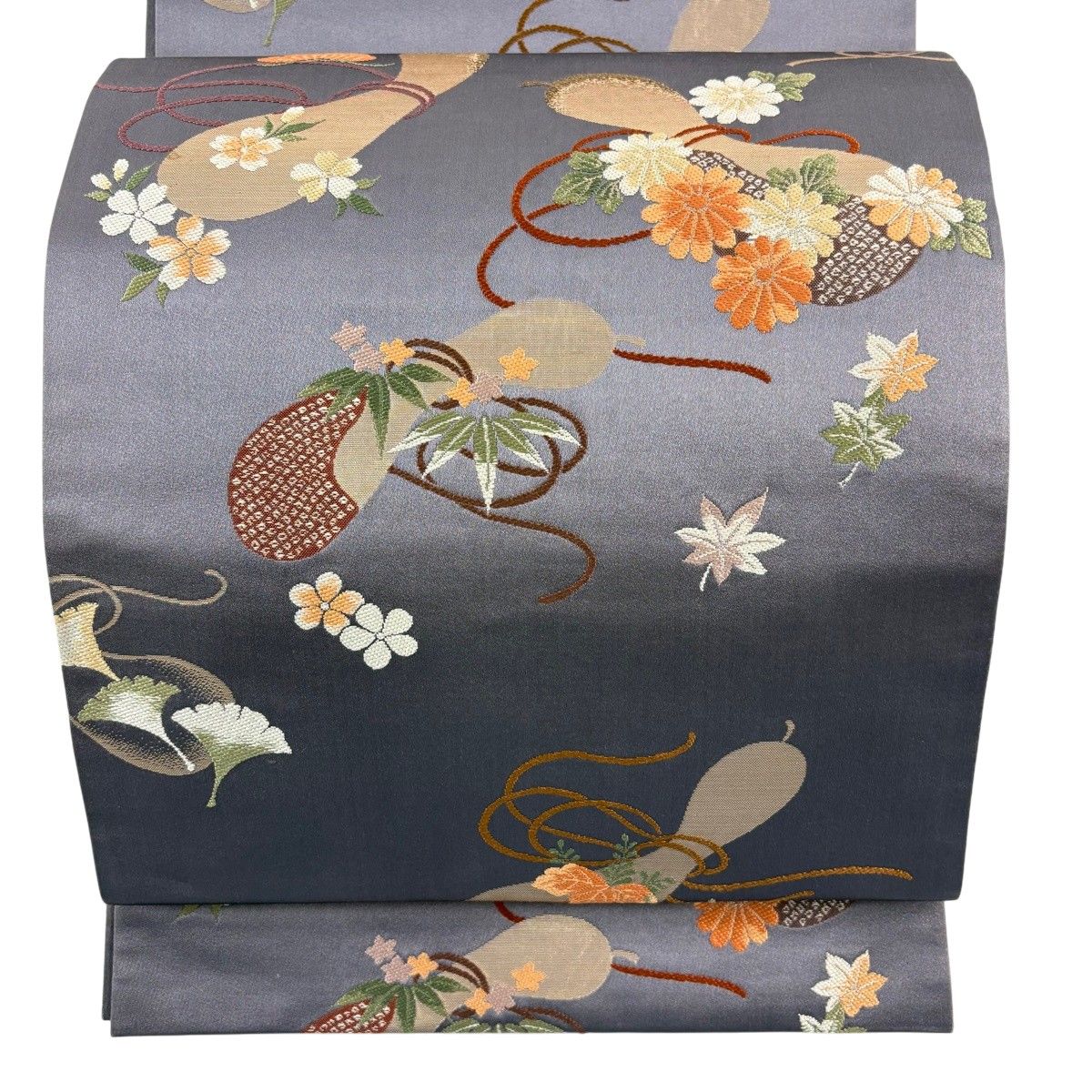 袋帯 逸品 貝島はるみ 落款 瓢箪 松竹梅 箔 灰紫 六通 正絹 【中古】