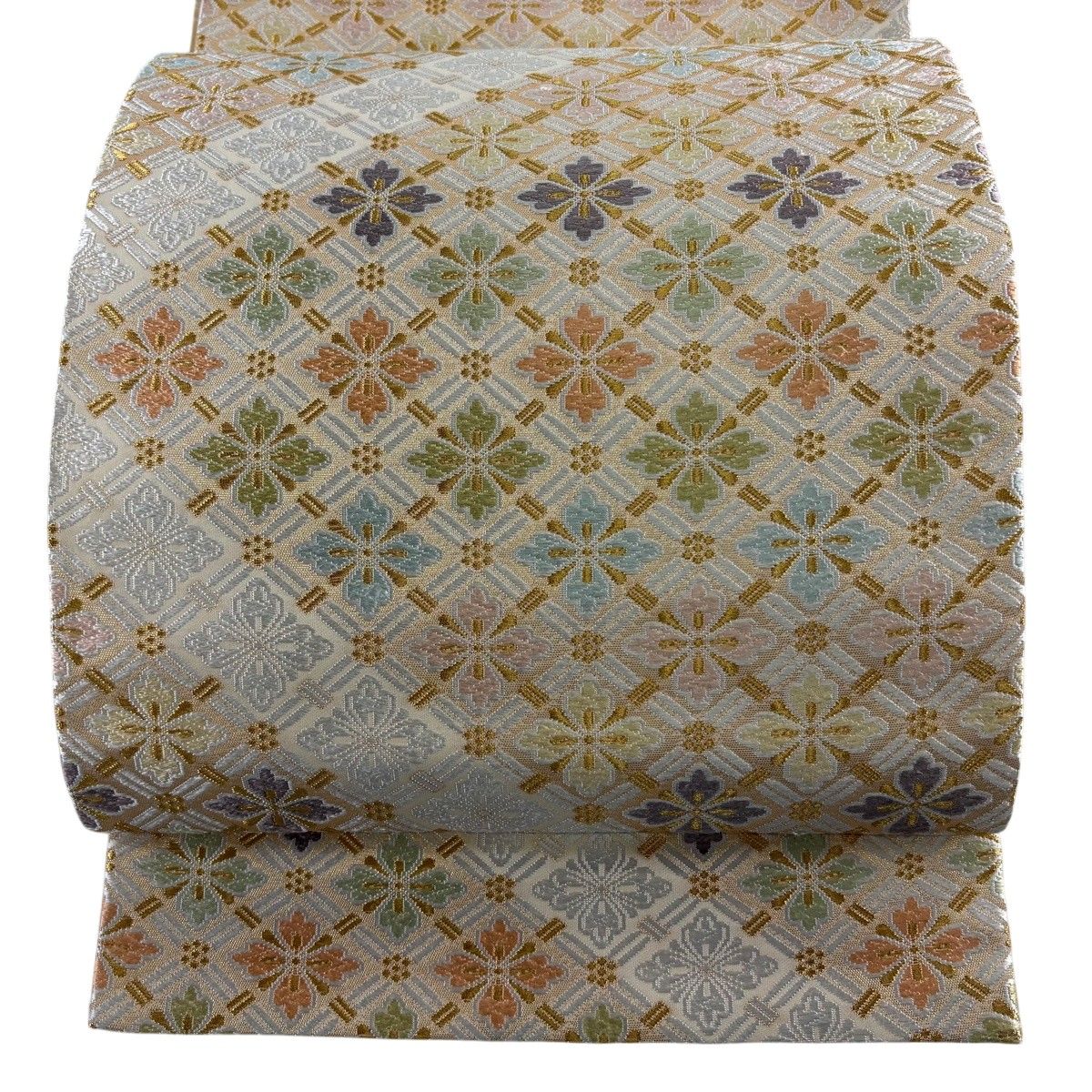 【美品】 袋帯 逸品 河合美術織物 落款 花 金糸 唐織 ベージュ 六通 正絹 【中古】