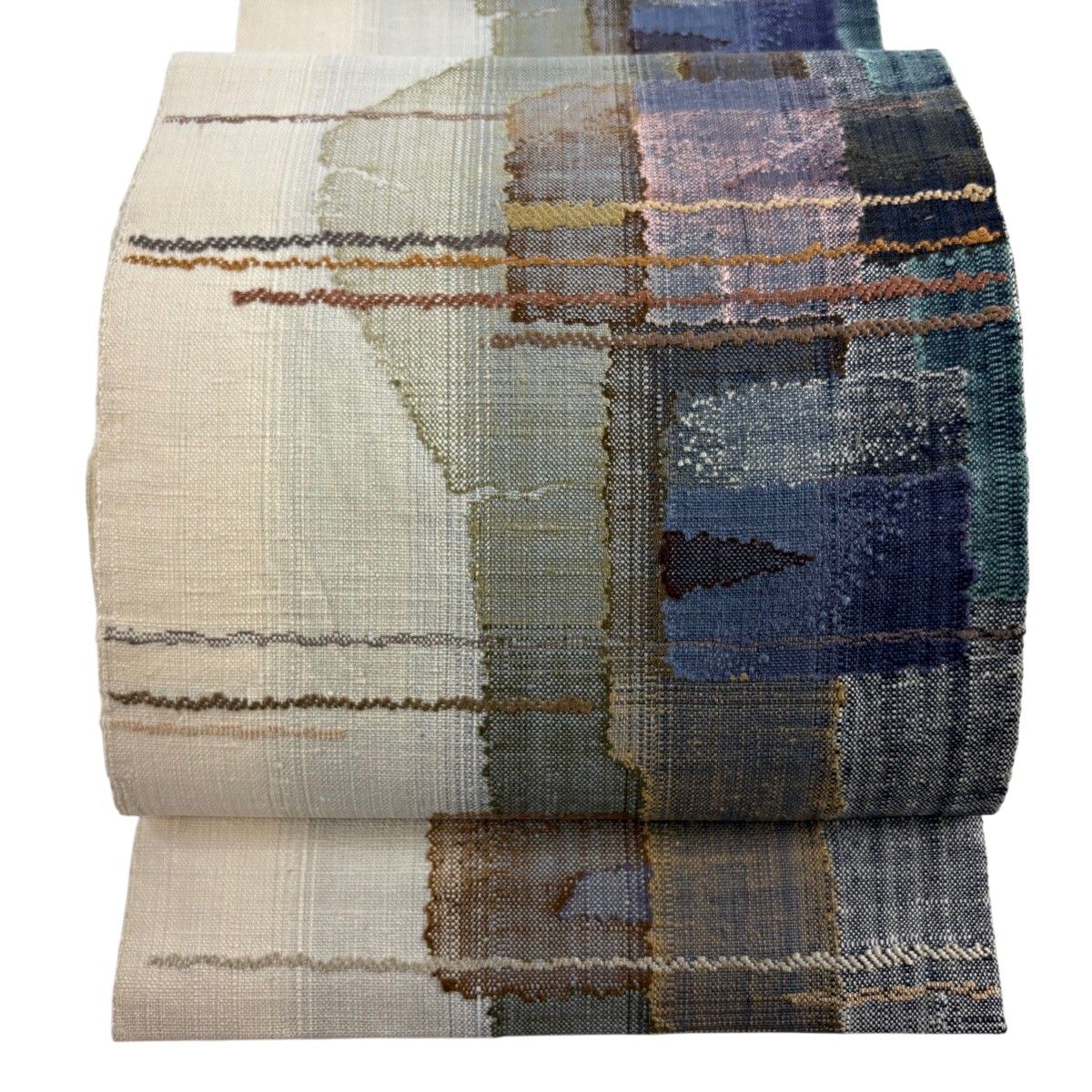 【美品】 名古屋帯 逸品 渡文 渡文 八寸名古屋帯 松葉仕立て 幾何学模様 霞 クリーム 正絹 【中古】 21,600円