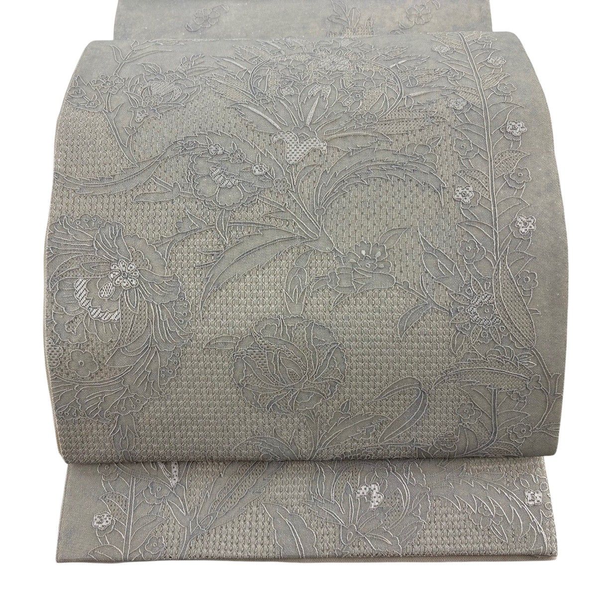 【美品】袋帯 逸品 夏物 紗 草花 銀糸 灰色 お太鼓柄 正絹 【中古】