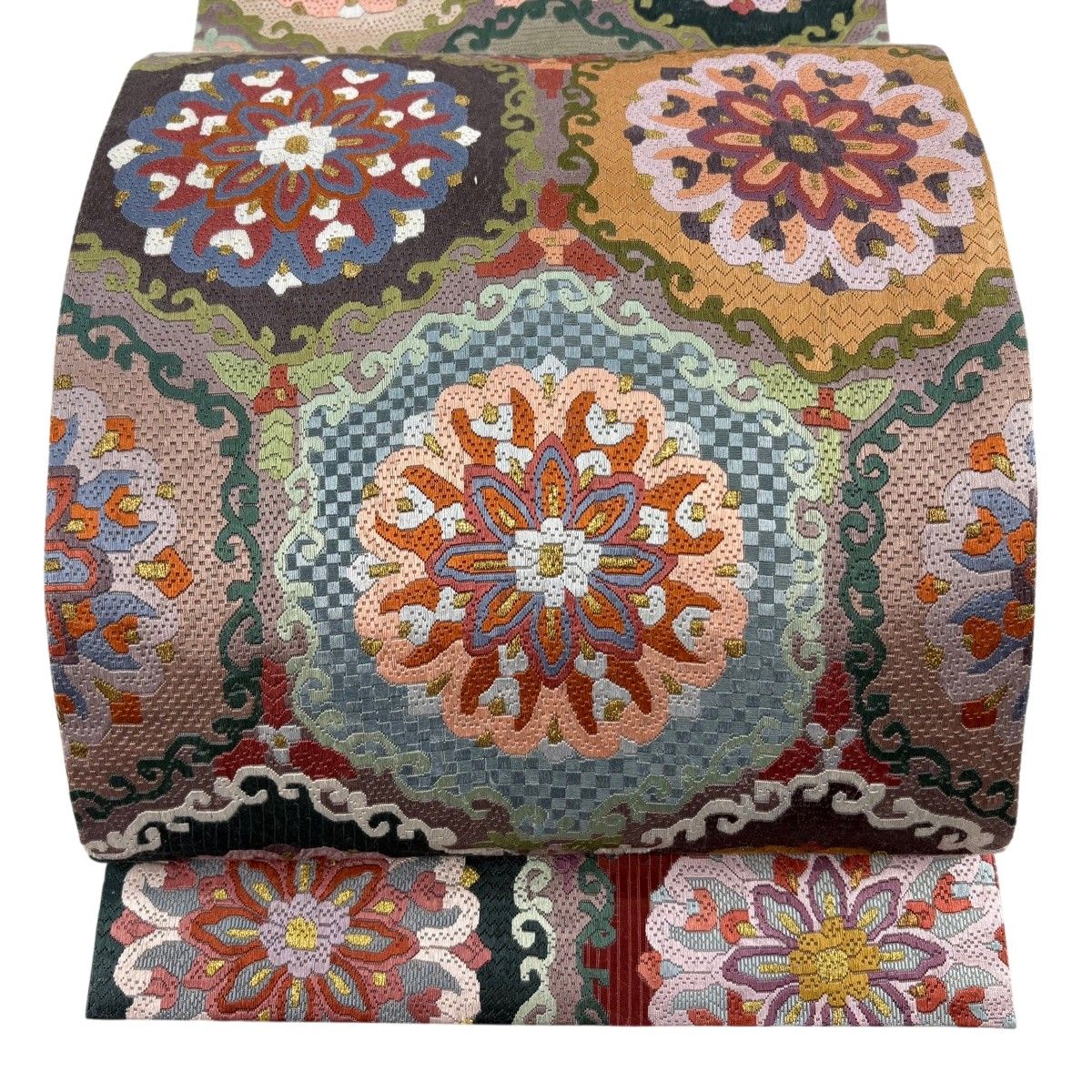袋帯 逸品 華文 金糸 灰紫 全通 正絹 【中古】