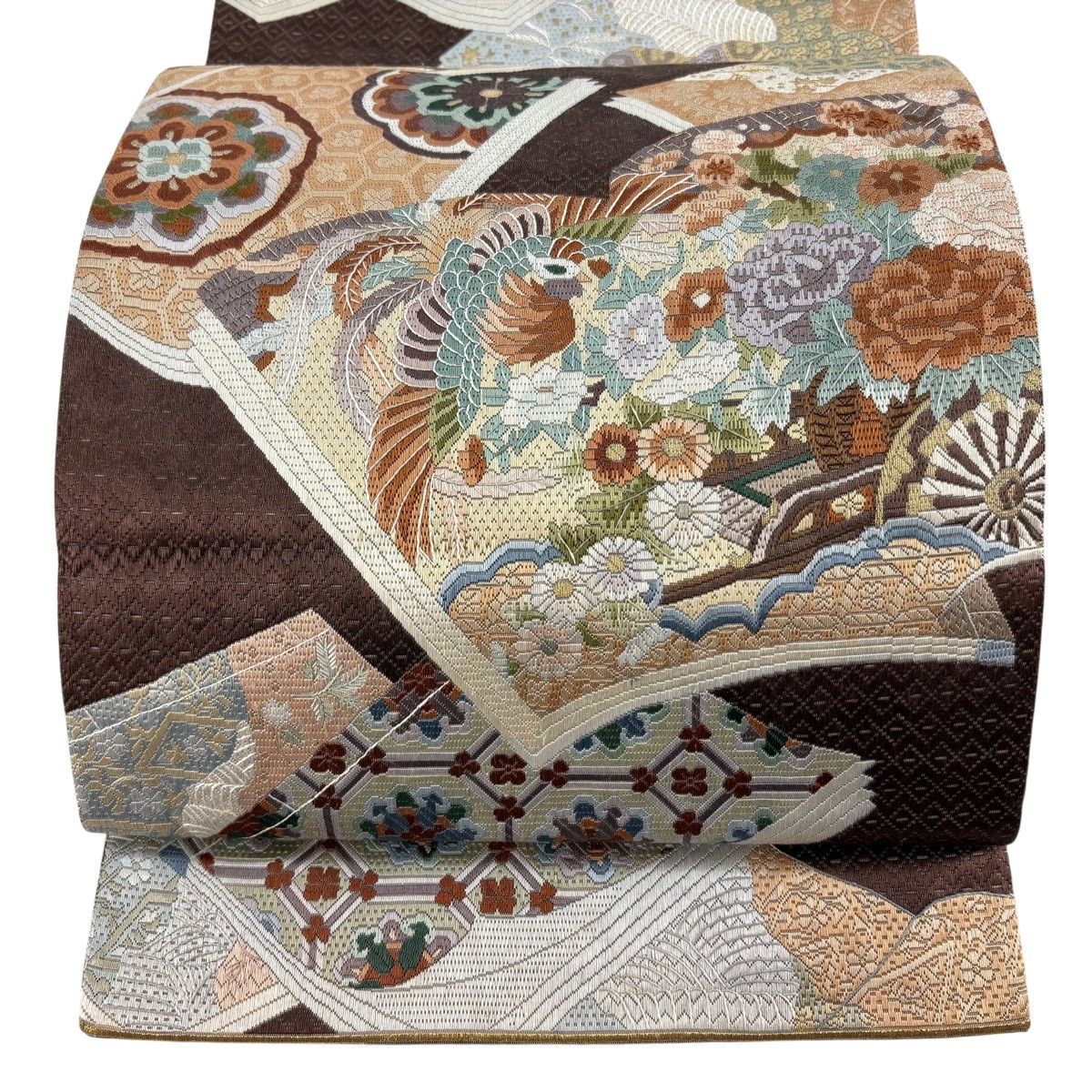 袋帯 逸品 冊子 花鳥 金糸 茶紫 六通 正絹 【中古】