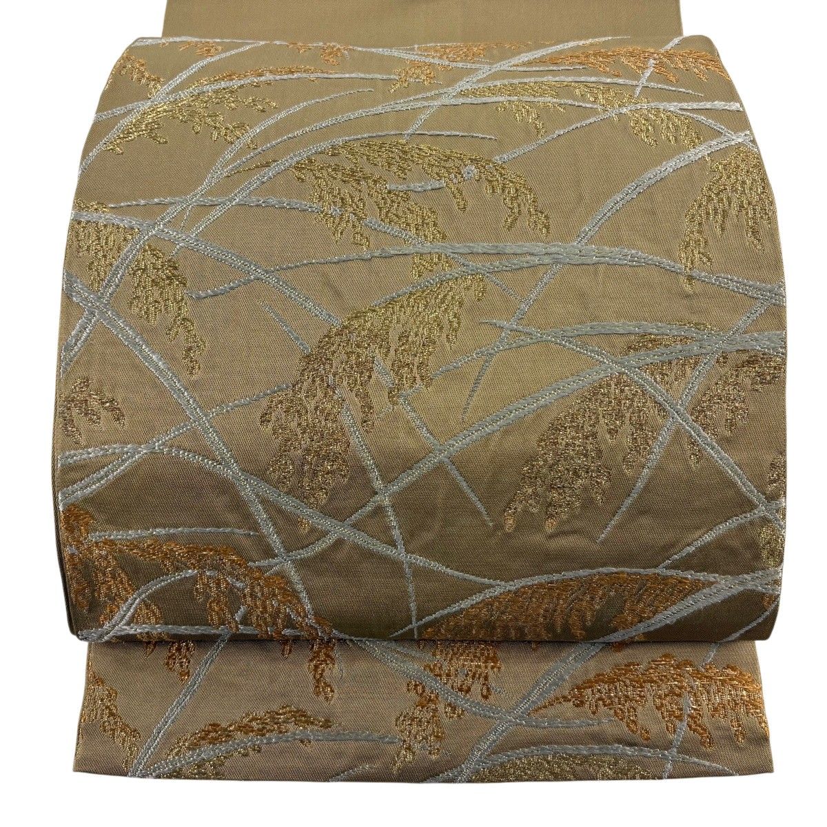 【美品】 袋帯 逸品 龍村平蔵 落款 稲穂 金糸 箔 黄土色 お太鼓柄 正絹 【中古】