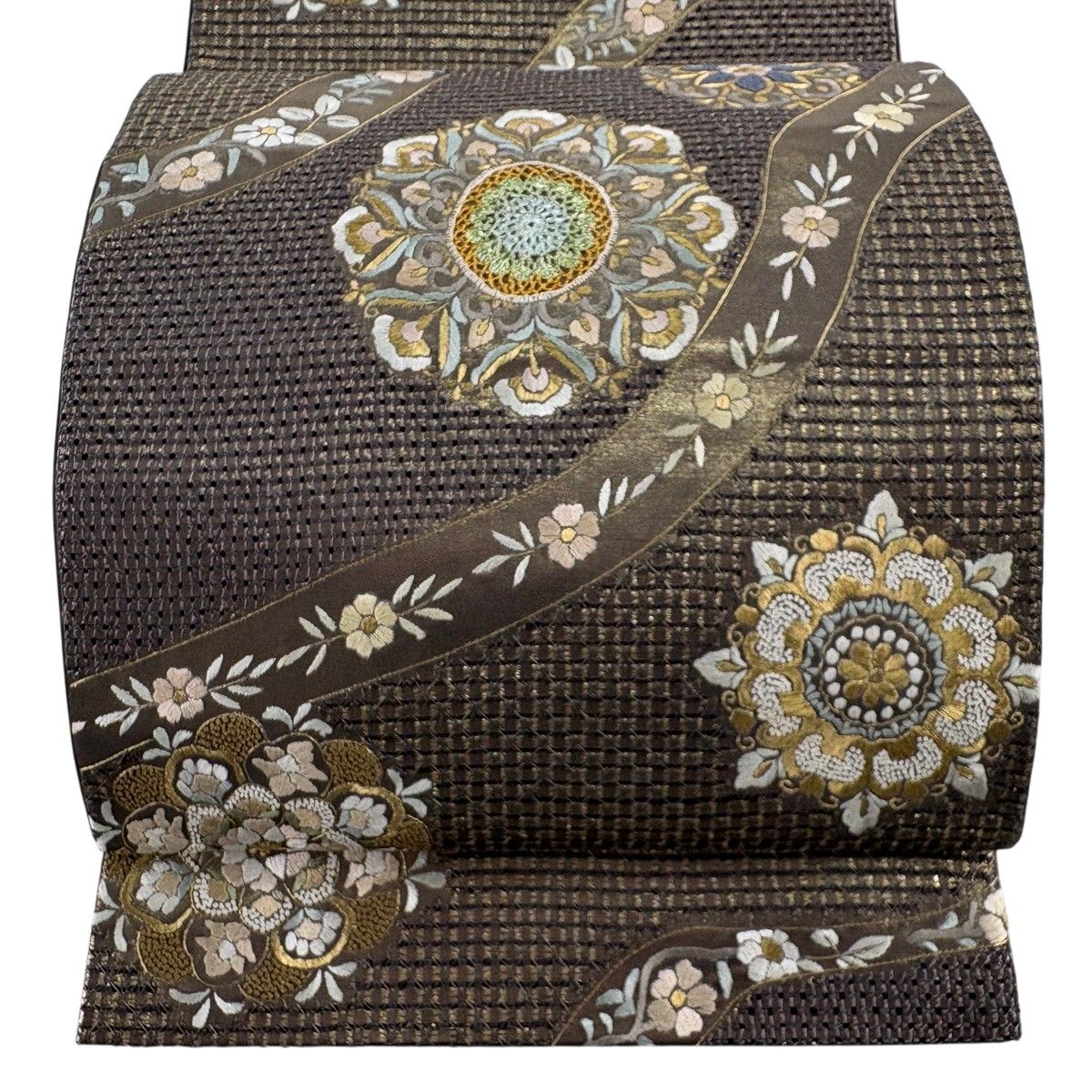 【美品】 袋帯 逸品 華文 草花 金糸 刺繍 茶紫 六通 正絹 【中古】
