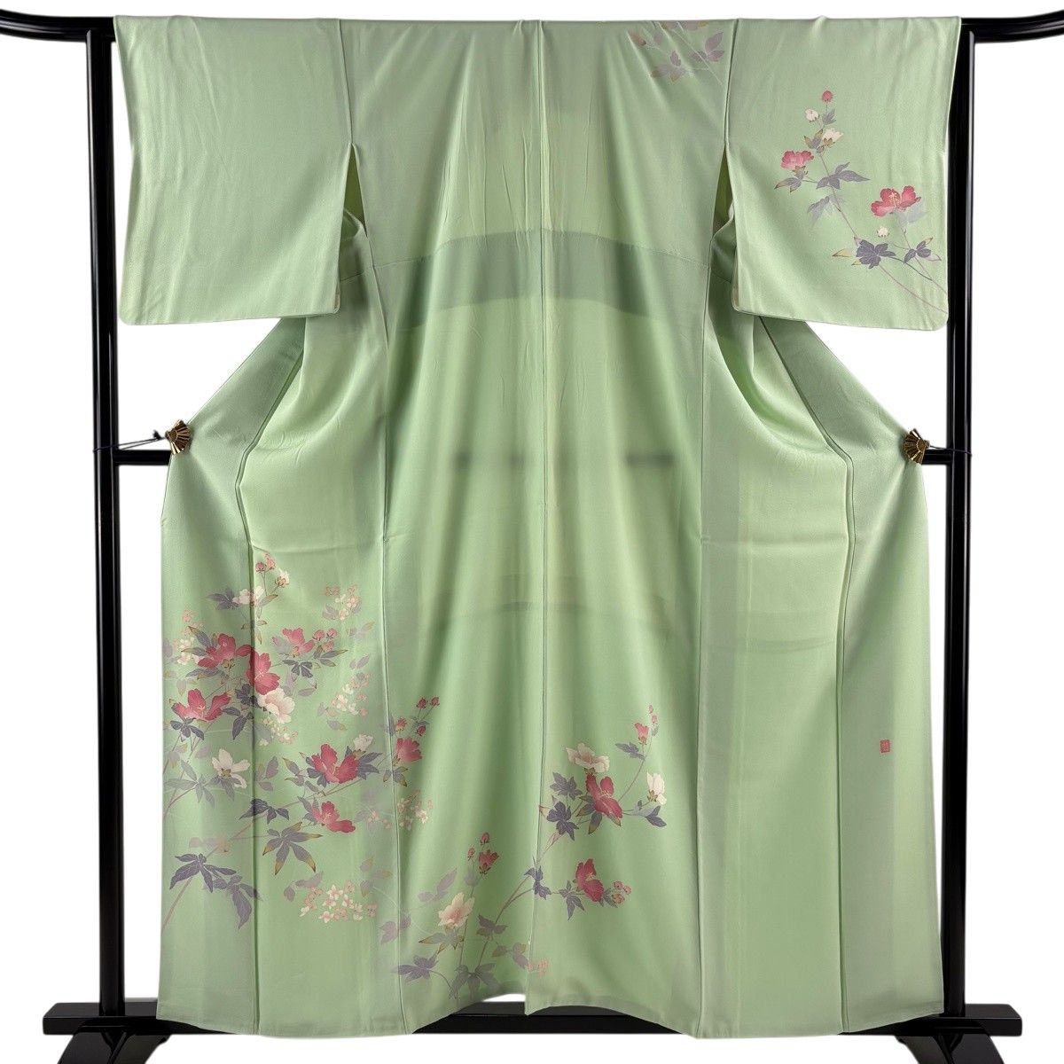 訪問着 身丈158cm 裄丈63.5cm S 袷 落款 草花 薄緑 正絹 名品 【中古】
