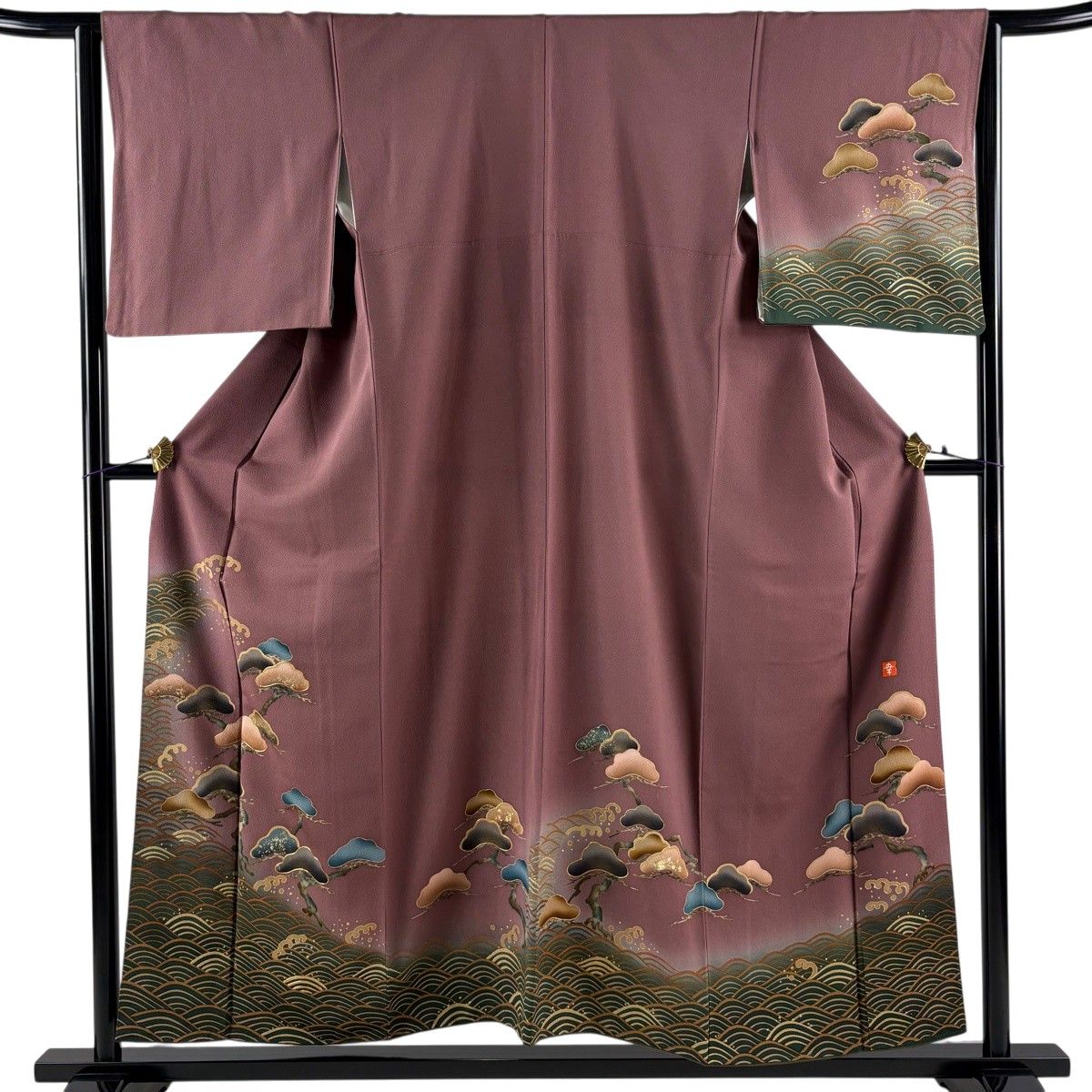 付下げ 身丈155cm 裄丈64cm M 袷 花井幸子 落款 松 波 金糸 金彩 赤紫 正絹 名品 【中古】