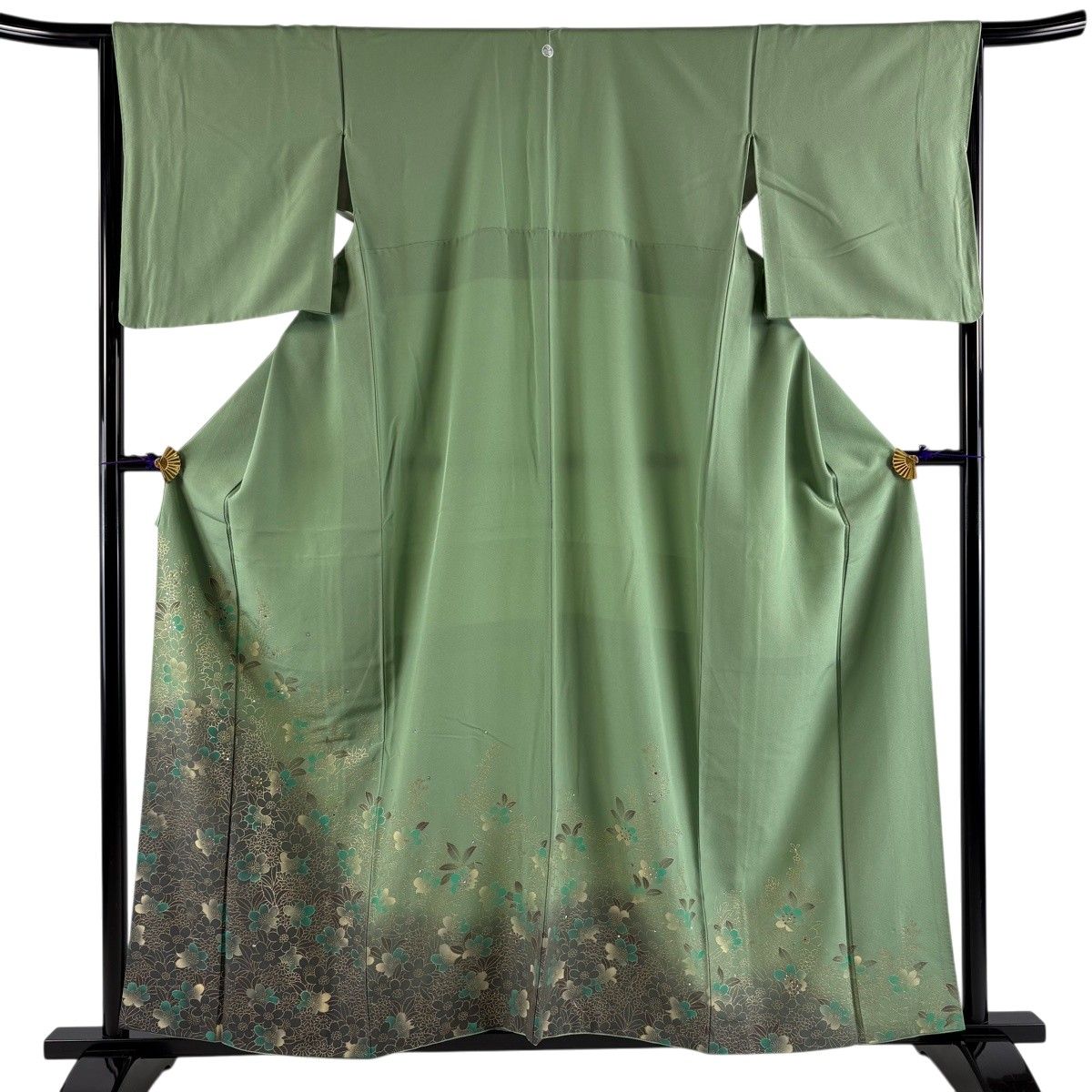 【美品】 色留袖 身丈158.5cm 裄丈65cm M 袷 桜 菊 ラインストーン 金彩 薄緑 正絹 名品 一つ紋 【中古】