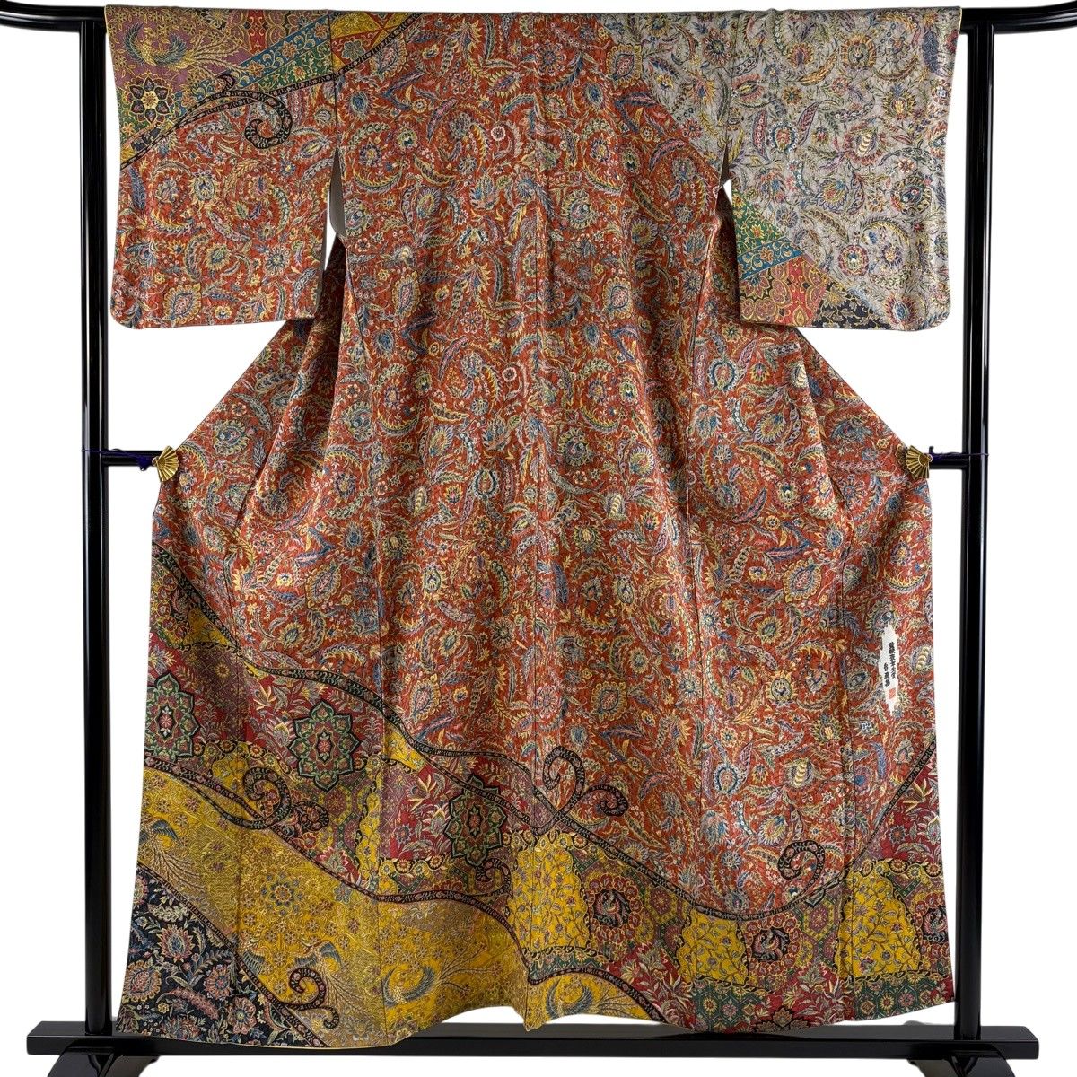 【美品】 訪問着 身丈156cm 裄丈62.5cm S 袷 二代目 更甚 落款 更紗 鳥 金通し 茜色 正絹 名品 【中古】