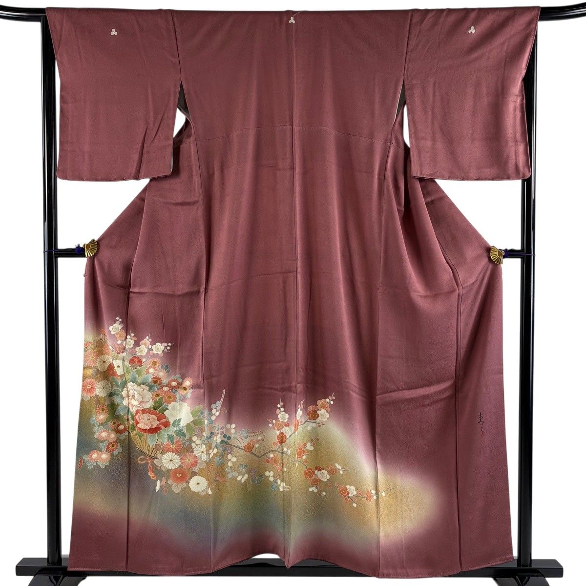 色留袖 身丈157cm 裄丈66.5cm M 袷 松井青々 落款 花籠 牡丹 金糸 刺繍 小豆色 正絹 名品 三つ紋 【中古】