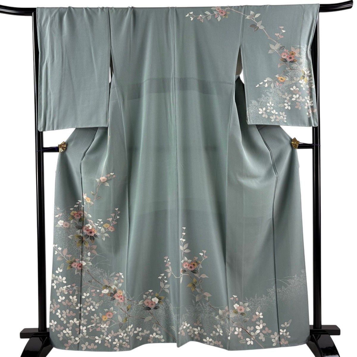 訪問着 身丈164cm 裄丈68cm L 袷 枝花 シルエット 青灰色 正絹 名品 【中古】
