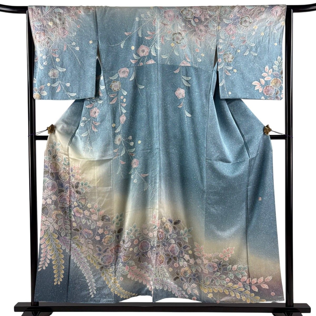訪問着 身丈153cm 裄丈65.5cm M 袷 落款 辻が花 金彩 銀通し 水色 正絹 名品 【中古】