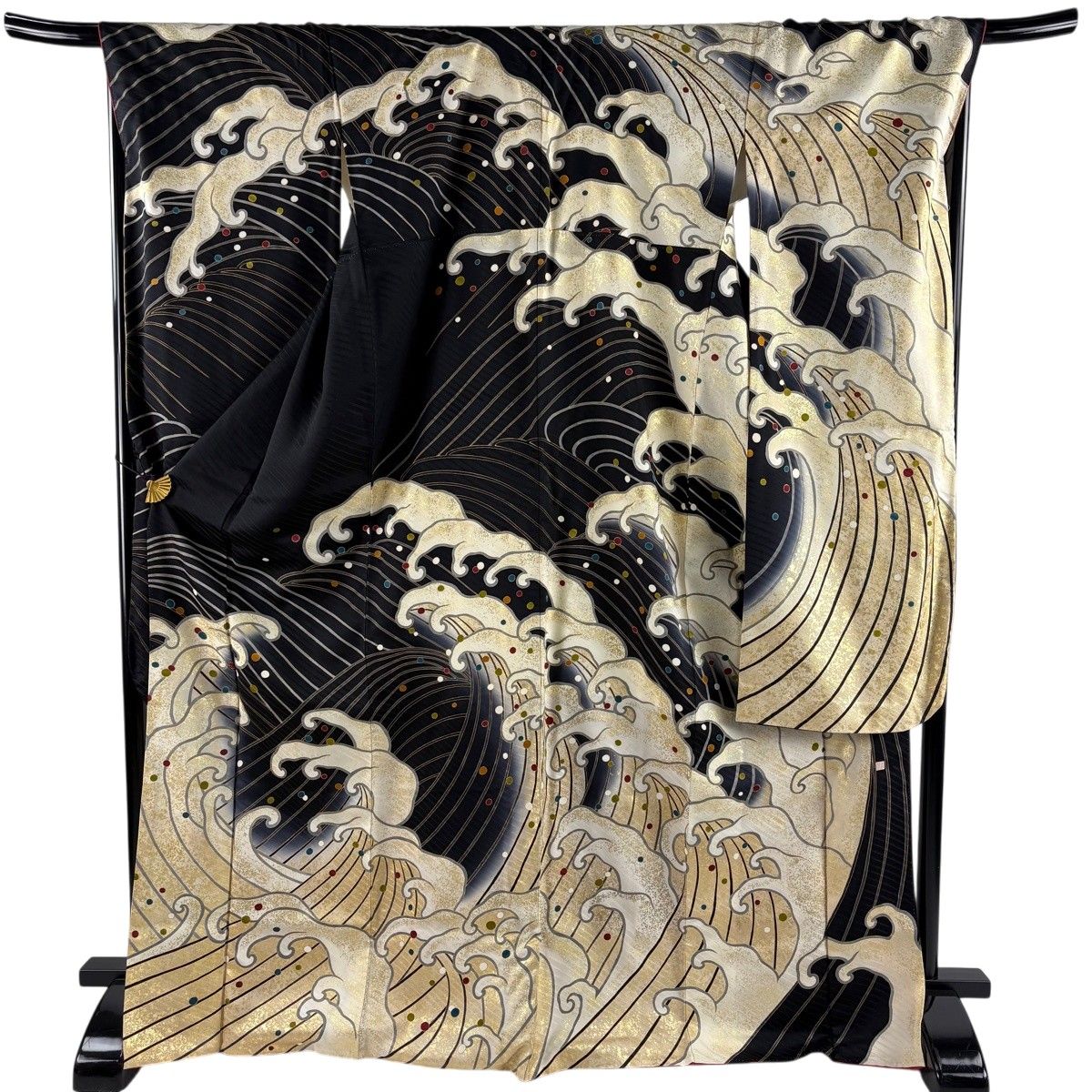振袖 身丈171cm 裄丈70cm L 袷 落款 波頭 しぶき 黒 正絹 秀品 【中古】