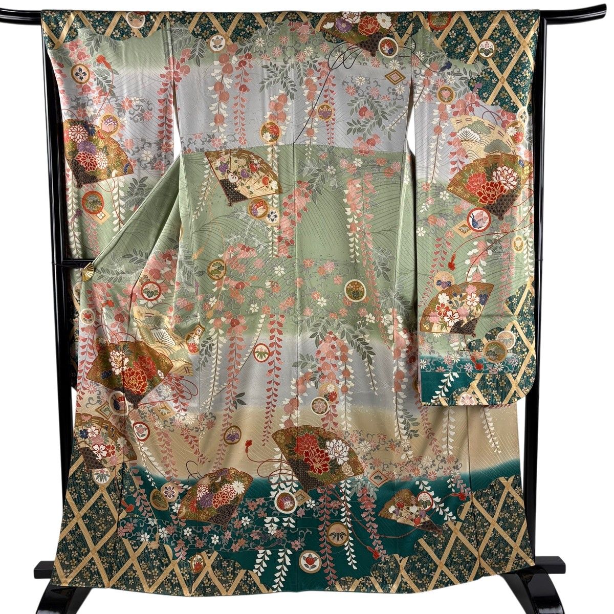 【美品】 振袖 身丈163cm 裄丈66.5cm M 袷 桧扇 草花 金糸 金彩 灰緑 正絹 秀品 【中古】 8,496円