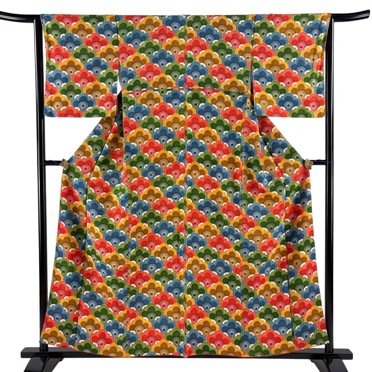 【美品】 小紋 身丈156cm 裄丈64.5cm M 袷 梅青海波 縮緬 オレンジ 正絹 秀品 【中古】