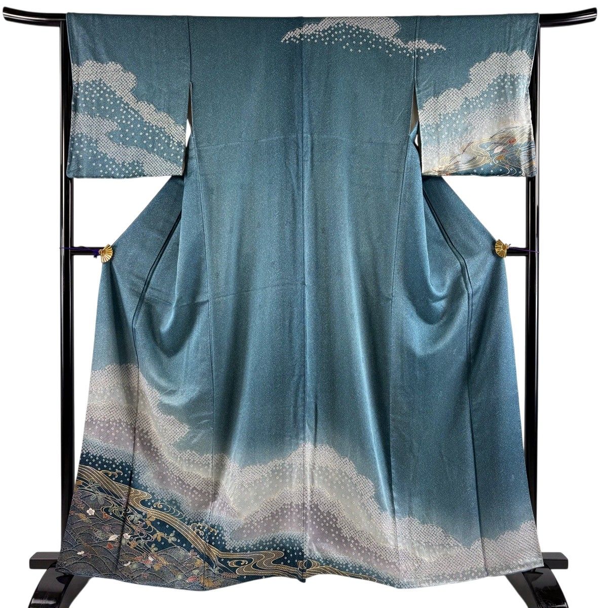 訪問着 身丈163cm 裄丈65cm M 袷 波頭 萩 金彩 絞り 青緑 正絹 秀品 【中古】