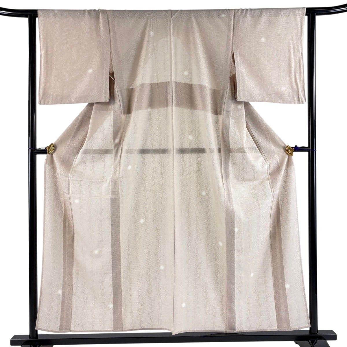 小紋 身丈155.5cm 裄丈63cm S 薄物 絽 葉 ぼかし ピンクベージュ 正絹 秀品 【中古】