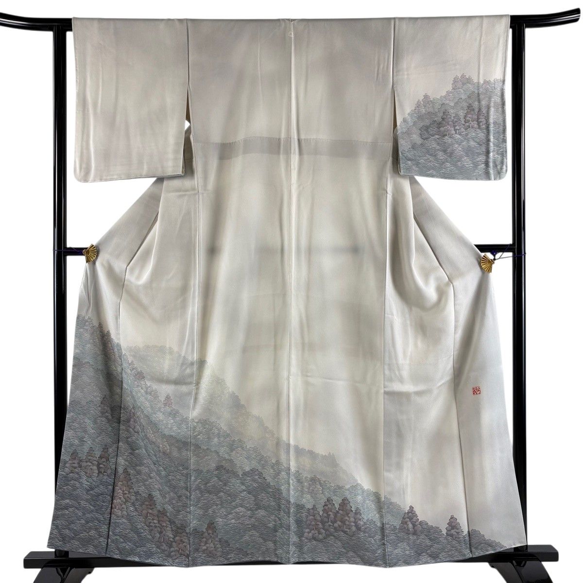 訪問着 身丈158.5cm 裄丈62cm S 袷 落款 樹木 灰白 正絹 秀品 一つ紋 【中古】