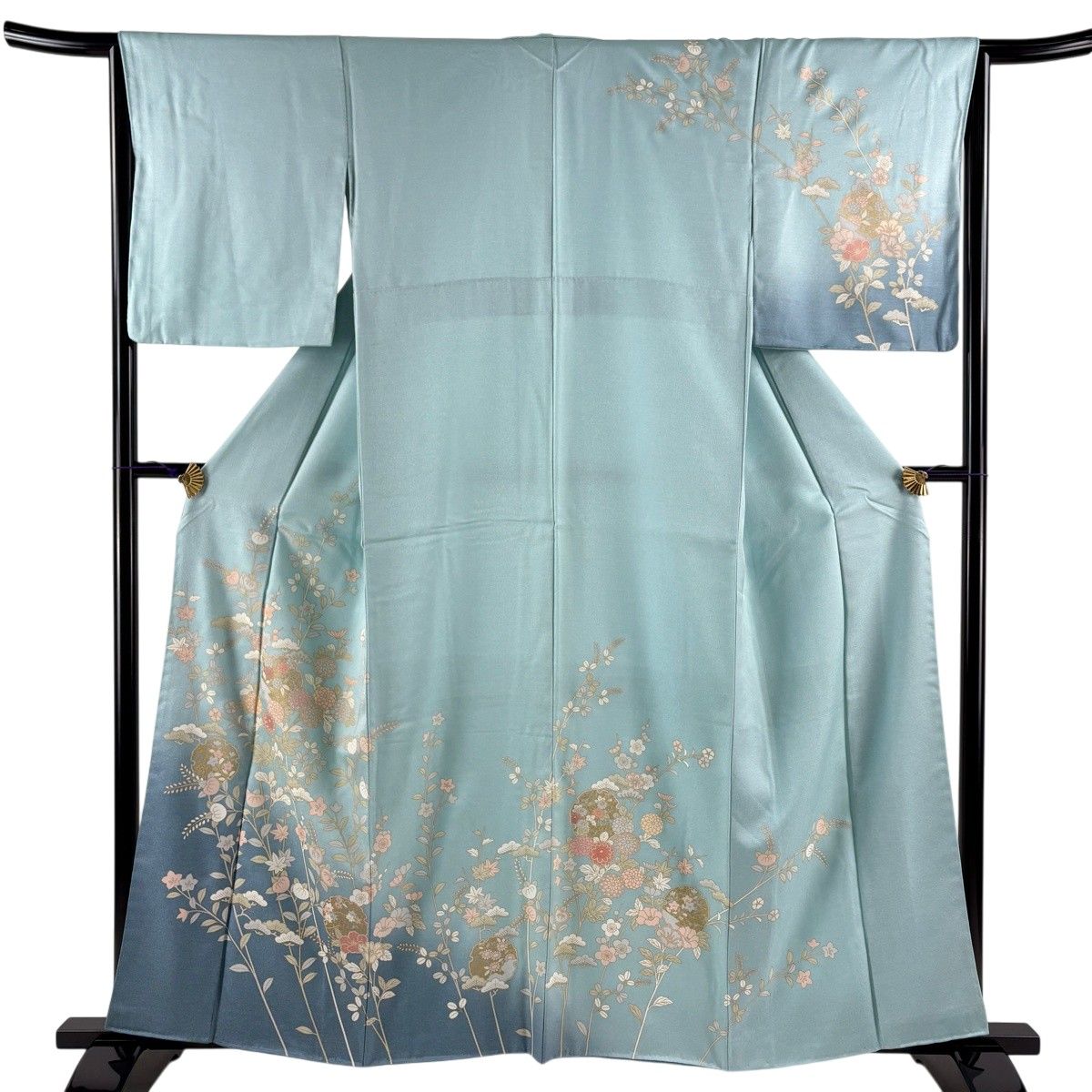 【美品】 訪問着 身丈159cm 裄丈65cm M 袷 雪輪 草花 金彩 ぼかし 水色 正絹 秀品 【中古】