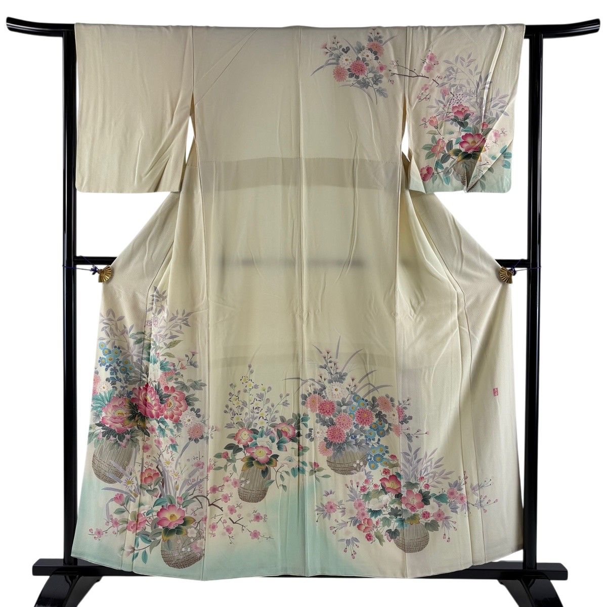 訪問着 身丈156.5cm 裄丈63.5cm S 袷 落款 花籠 牡丹 ぼかし クリーム 正絹 秀品 【中古】