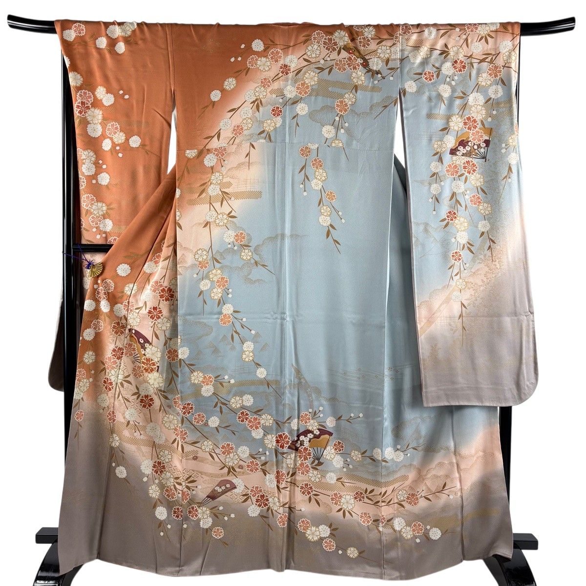 振袖 身丈164cm 裄丈68cm L 袷 桜 扇 金糸 金彩 オレンジ 正絹 秀品 【中古】