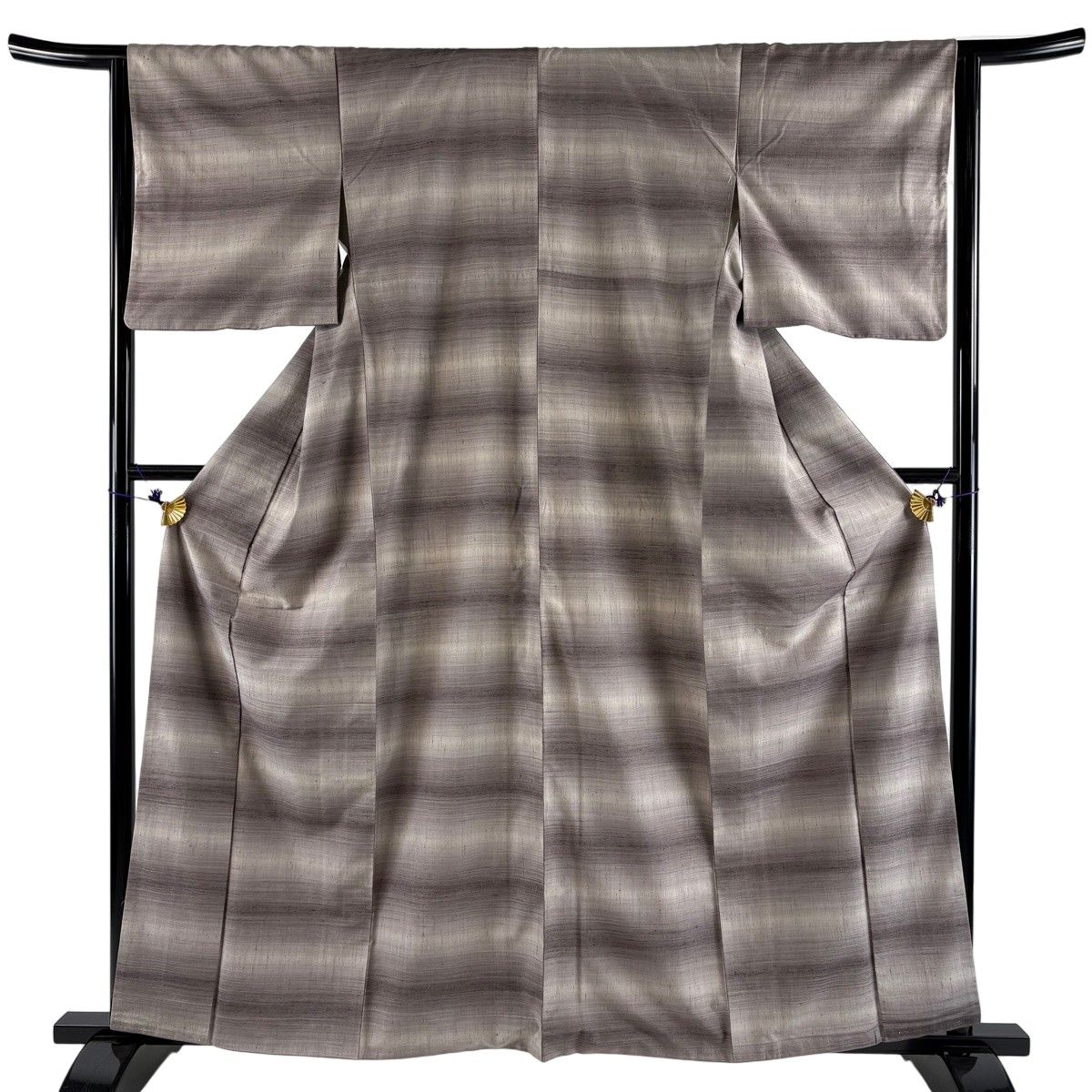 【美品】 紬 身丈161cm 裄丈63cm S 袷 横段 灰紫 正絹 秀品 【中古】