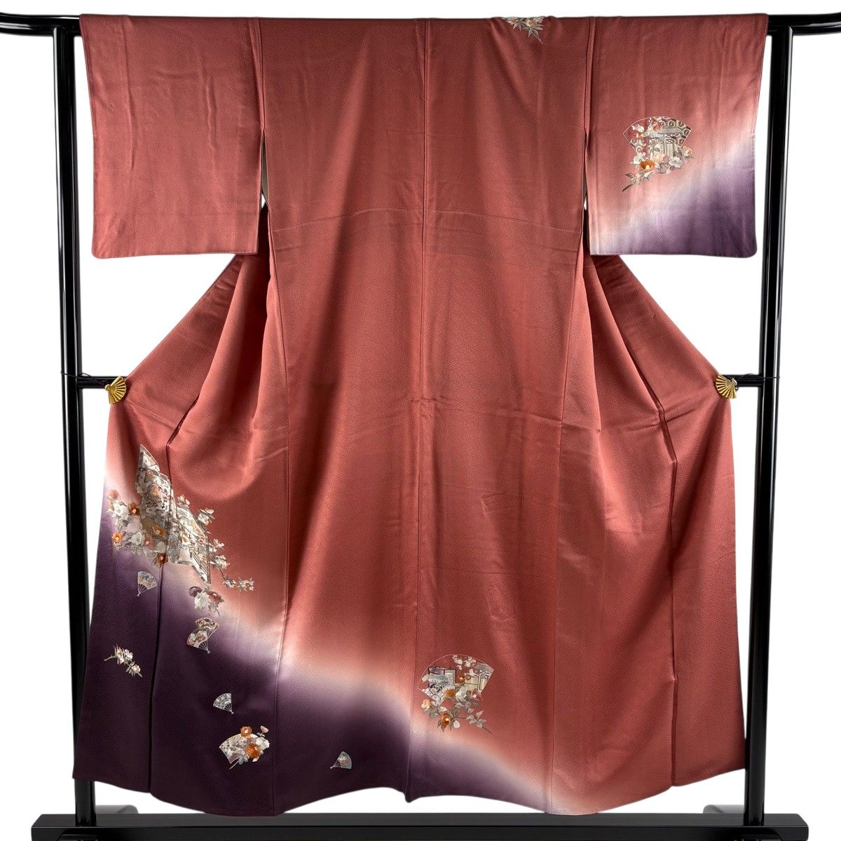 訪問着 身丈152cm 裄丈62.5cm S 袷 屏風 枝花 刺繍 ぼかし 茜色 正絹 秀品 【中古】