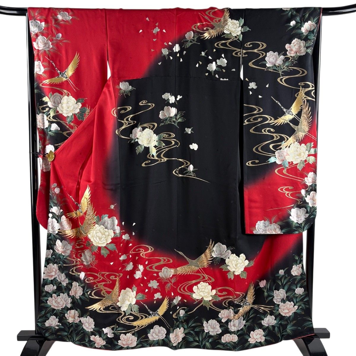 振袖 身丈163.5cm 裄丈67cm M 袷 鶴 牡丹 金糸 金彩 赤 正絹 秀品 【中古】