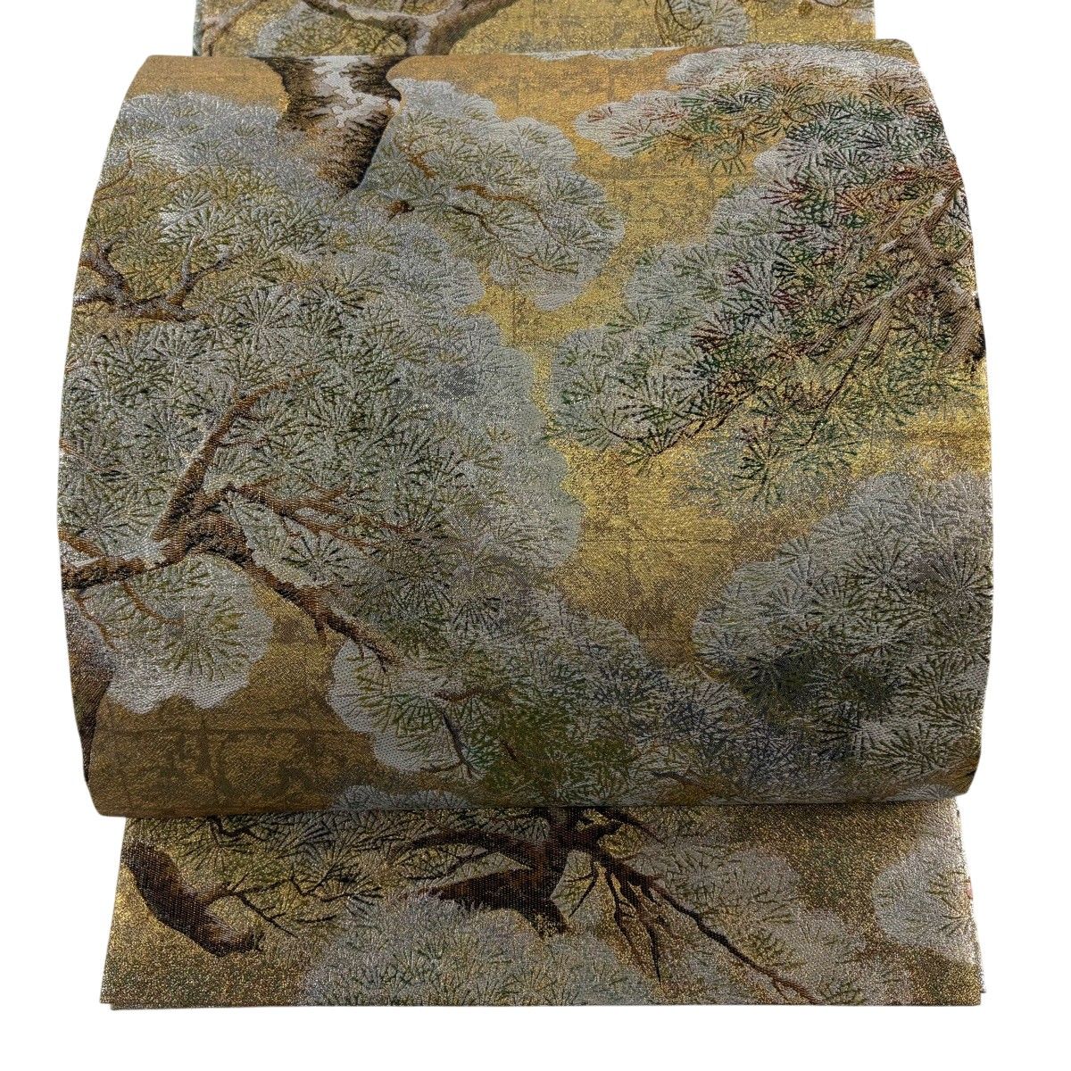 丸帯 逸品 雪松図屏風 両竹風竹図屏風 箔 金色 全通 正絹 【中古】