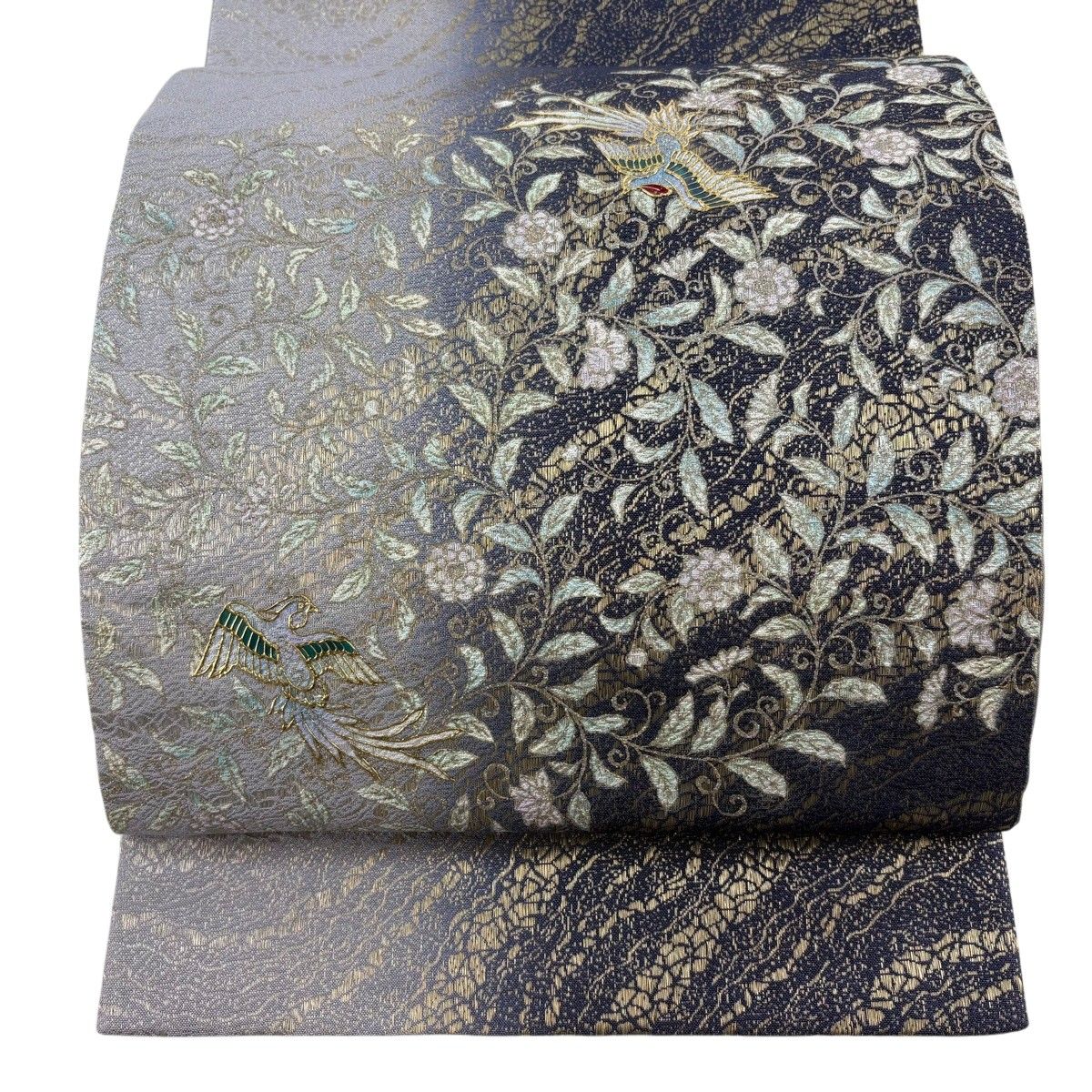 【美品】 袋帯 逸品 藤本隆士 落款 花唐草 鳳凰 金彩 螺鈿 紺色 お太鼓柄 正絹 【中古】