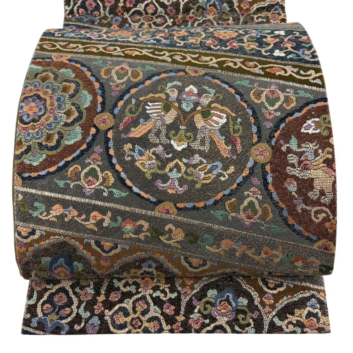 【美品】 袋帯 逸品 向かい鳥 草花 刺繍 金糸 灰紫 全通 正絹 【中古】