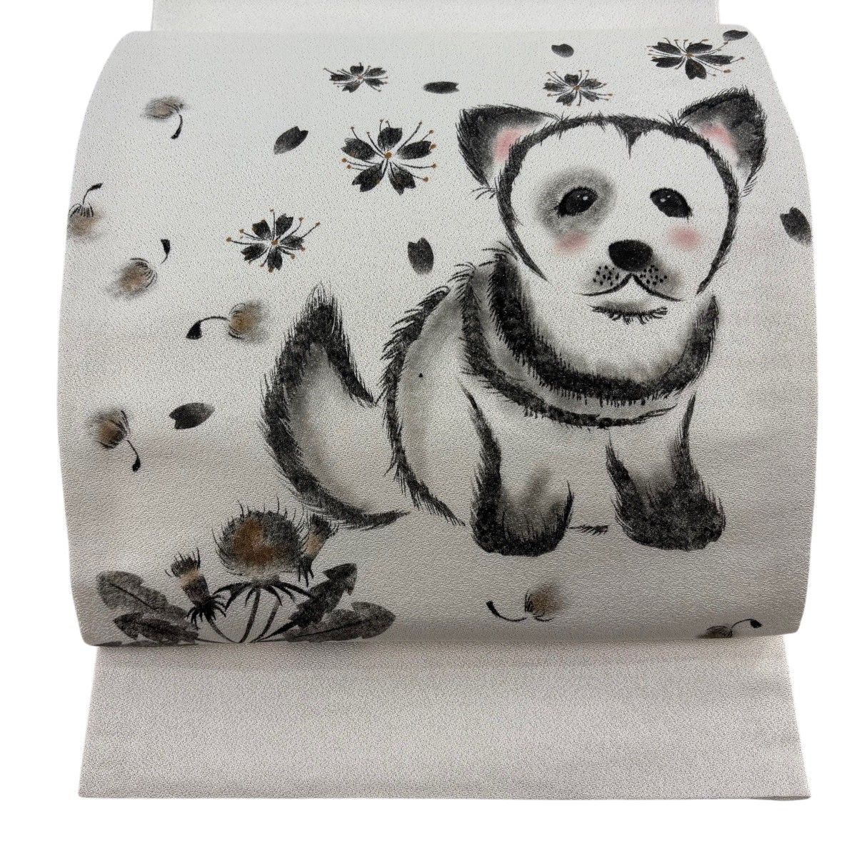 袋帯 逸品 犬 たんぽぽ 金彩 銀糸 クリーム お太鼓柄 正絹 【中古】