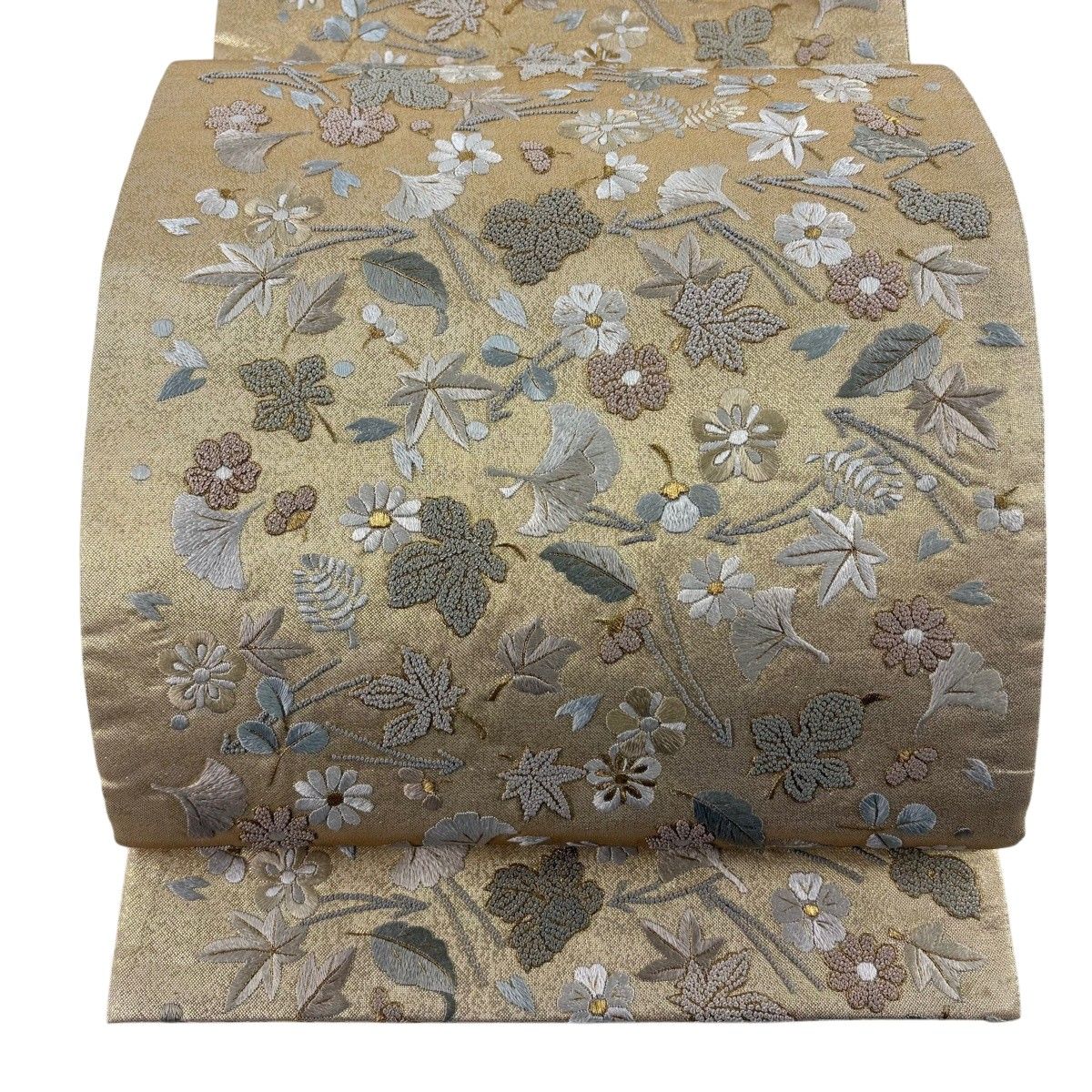 袋帯 逸品 リバーシブル 吹き寄せ 若松菱 刺繍 箔 金色 六通 正絹 【中古】