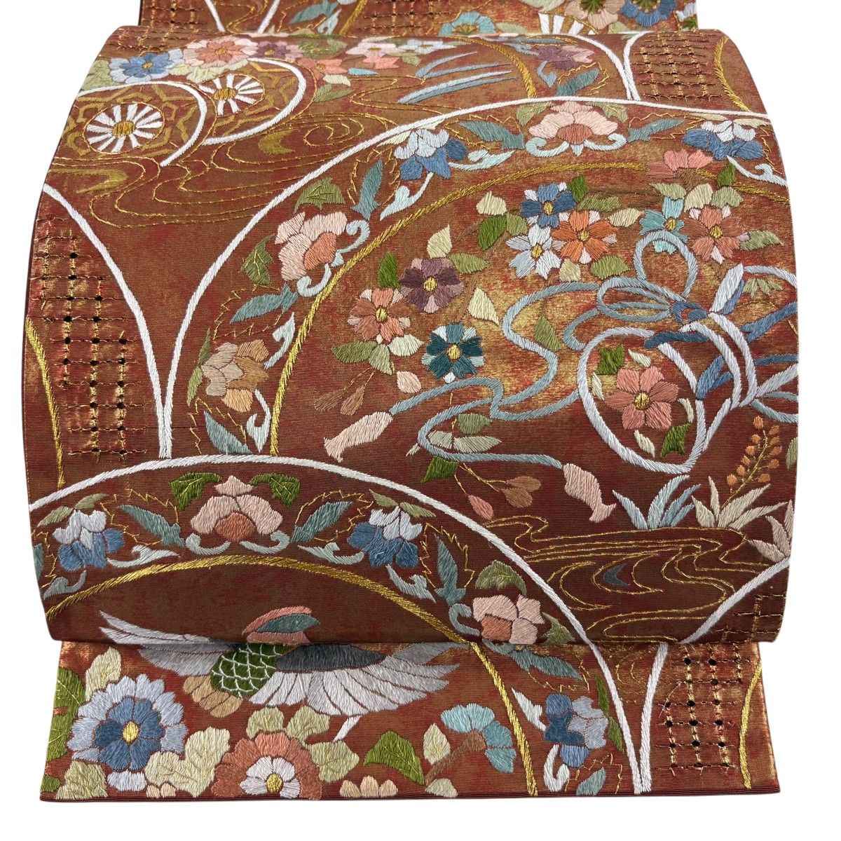 【美品】 袋帯 逸品 関西仕立て 花鳥 鼓 刺繍 箔 赤茶 六通 正絹 【中古】