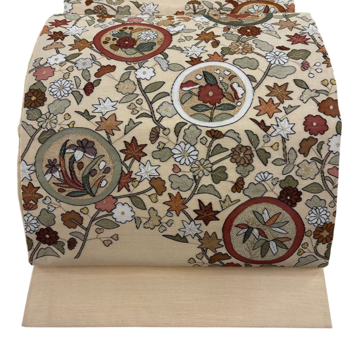【美品】 袋帯 逸品 菊 草花 金銀糸 薄オレンジ お太鼓柄 正絹 【中古】