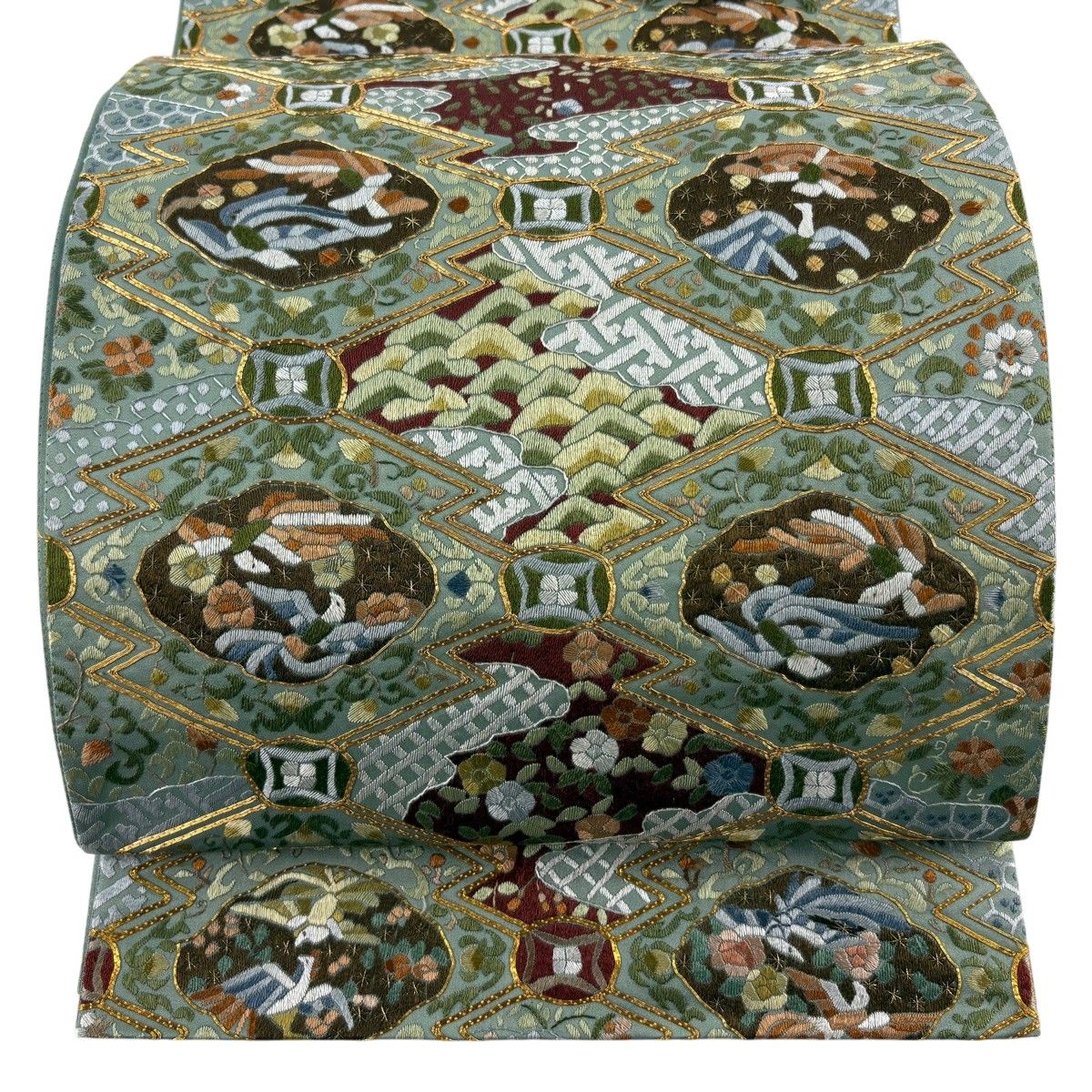 袋帯 逸品 花鳥 有職文様 刺繍 金糸 灰緑 六通 正絹 【中古】 38,220円