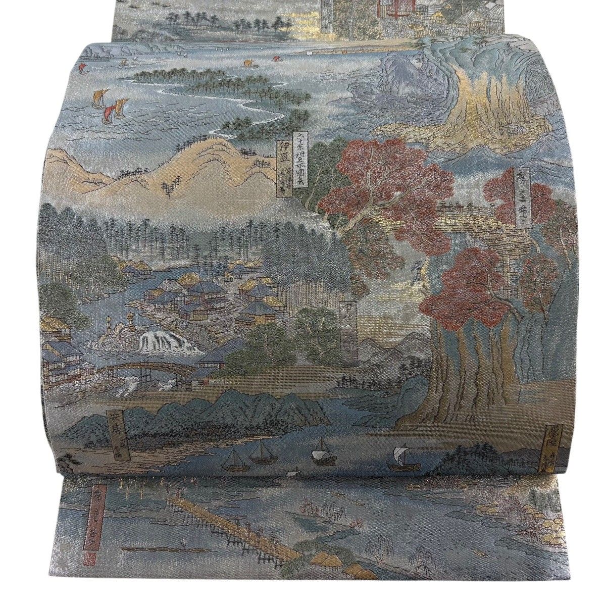 【美品】 袋帯 逸品 風景 箔 銀色 お太鼓柄 正絹 【中古】