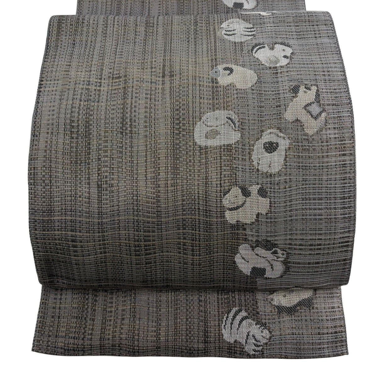 【美品】 名古屋帯 逸品 八寸名古屋帯 松葉仕立て 十二支 金糸 灰色 正絹 【中古】