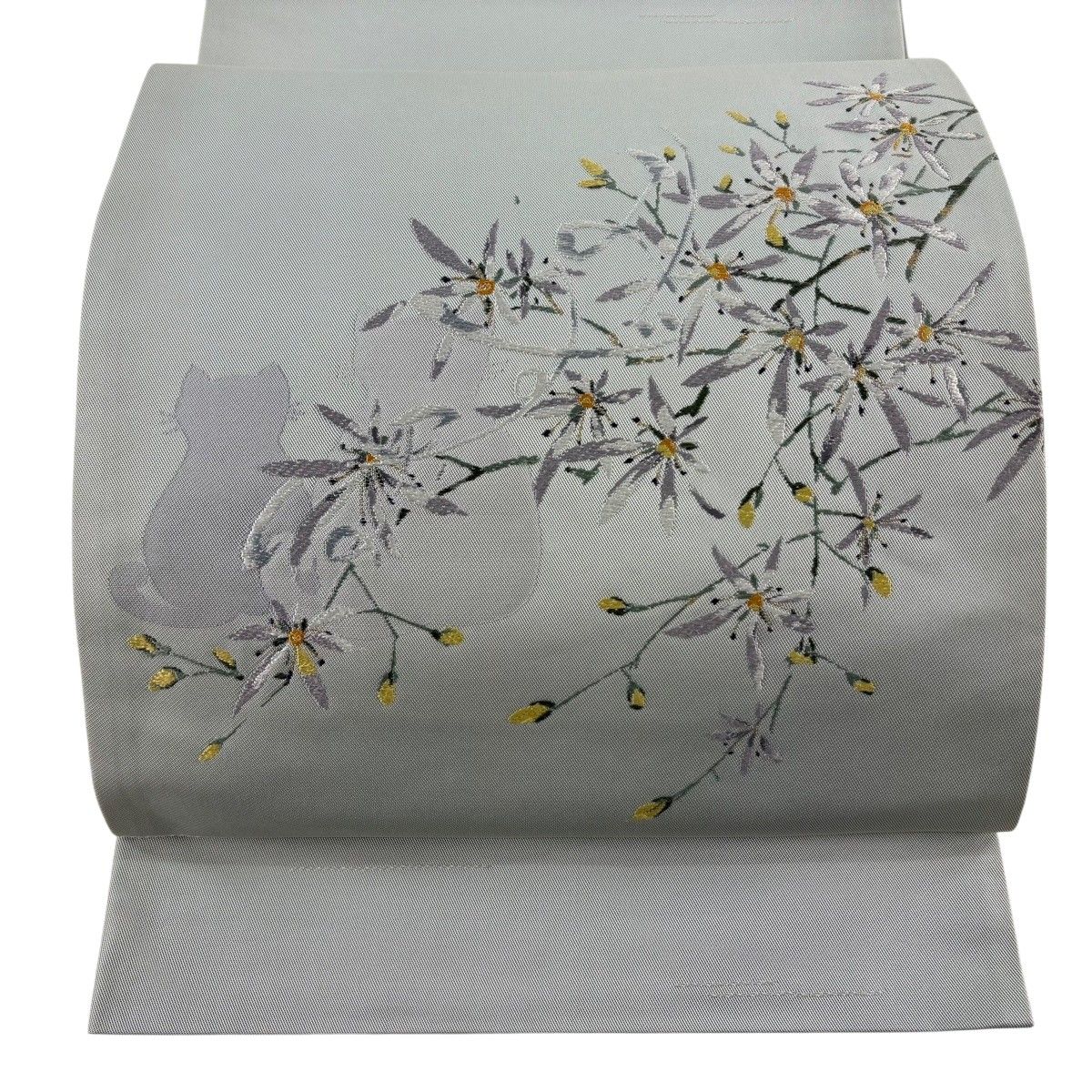 袋帯 逸品 猫 草花 刺繍 金糸 青灰色 お太鼓柄 正絹 【中古】