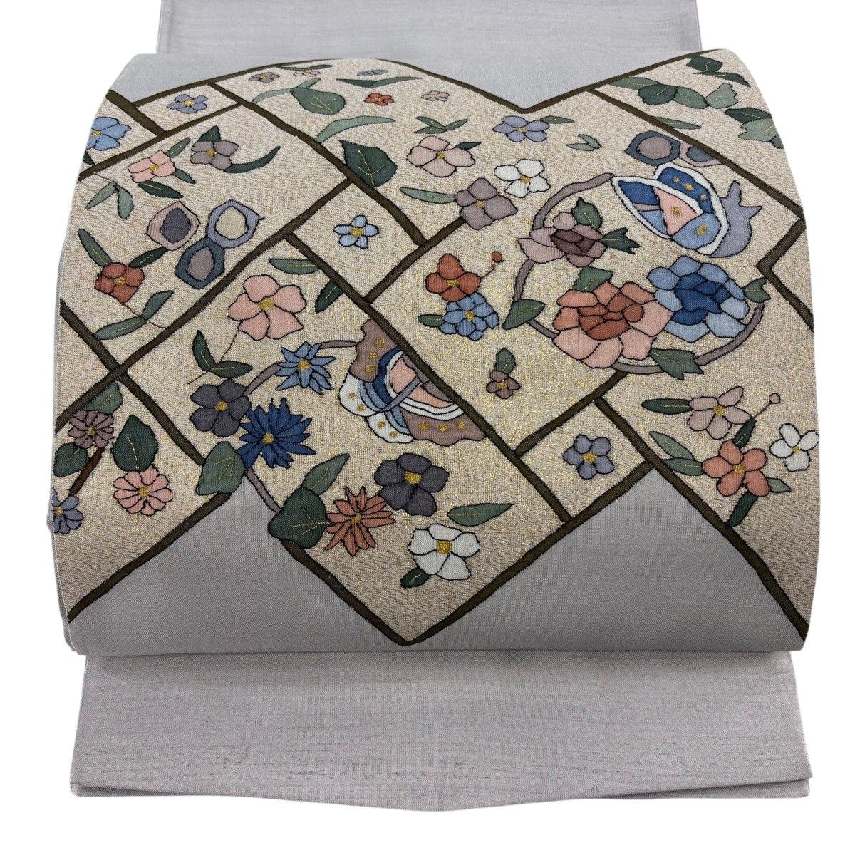 袋帯 逸品 蝶 草花 金糸 灰紫 お太鼓柄 正絹 【中古】