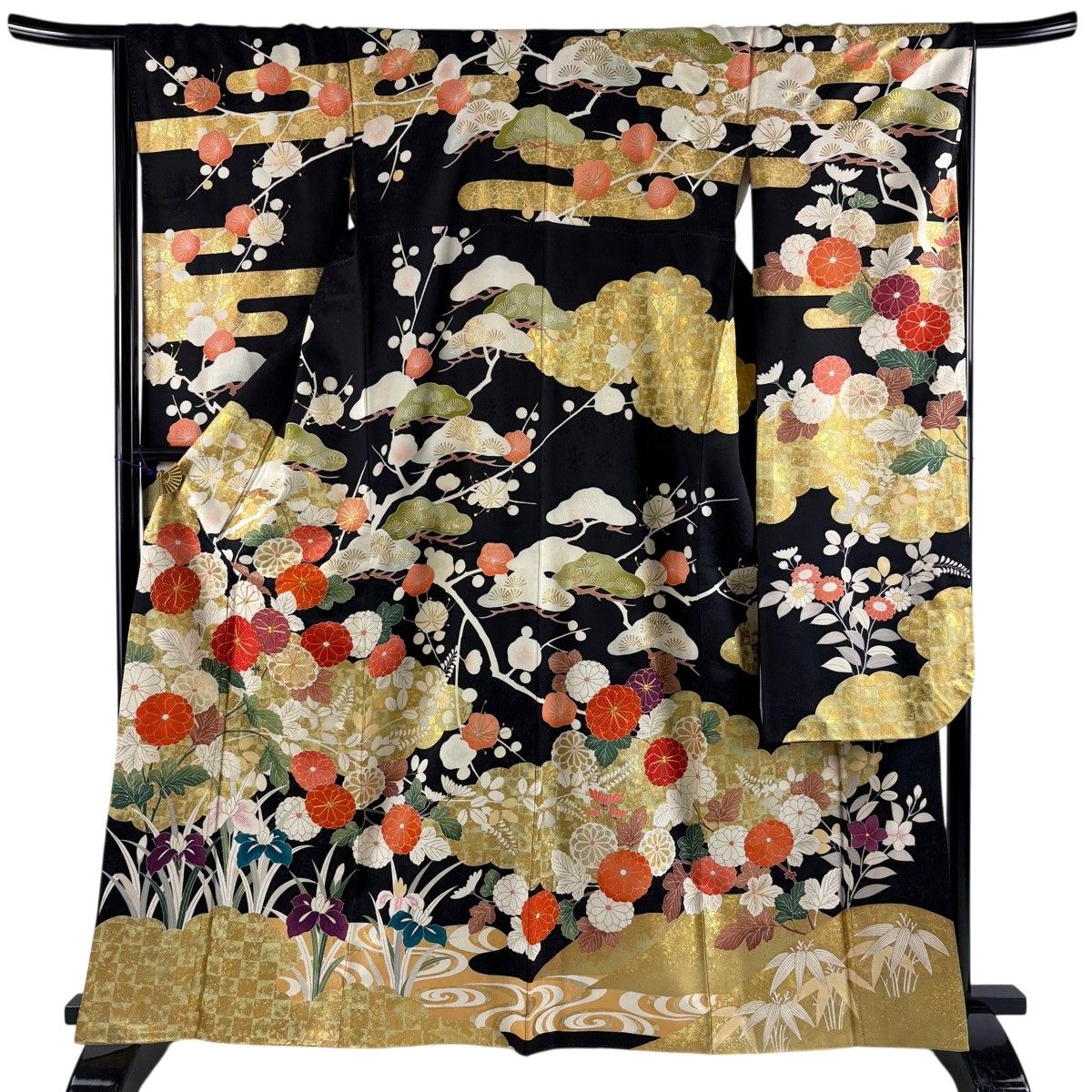 振袖 身丈164cm 裄丈66cm M 袷 菊 雲文 金糸 金彩 黒 正絹 秀品 【中古】